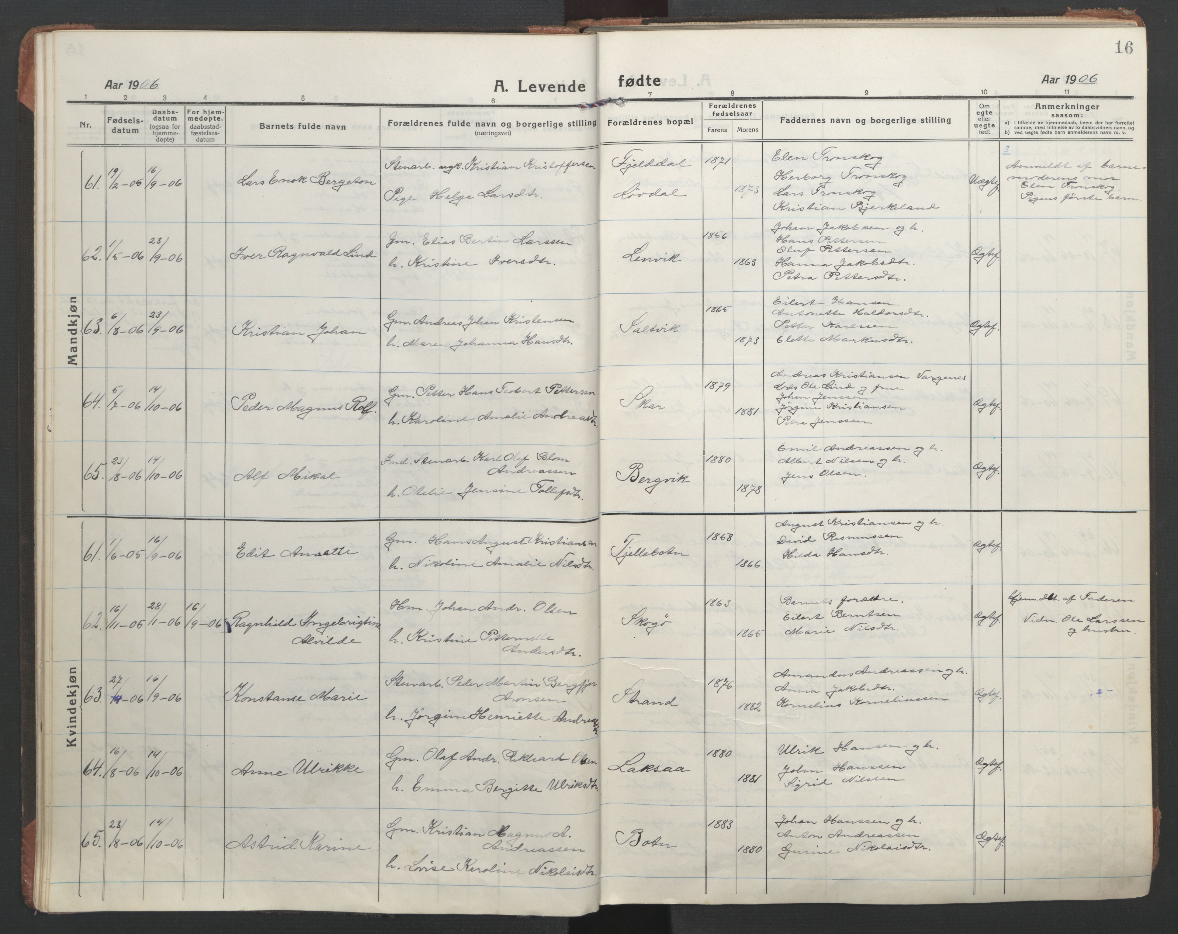 Ministerialprotokoller, klokkerbøker og fødselsregistre - Nordland, AV/SAT-A-1459/863/L0900: Parish register (official) no. 863A12, 1906-1915, p. 16