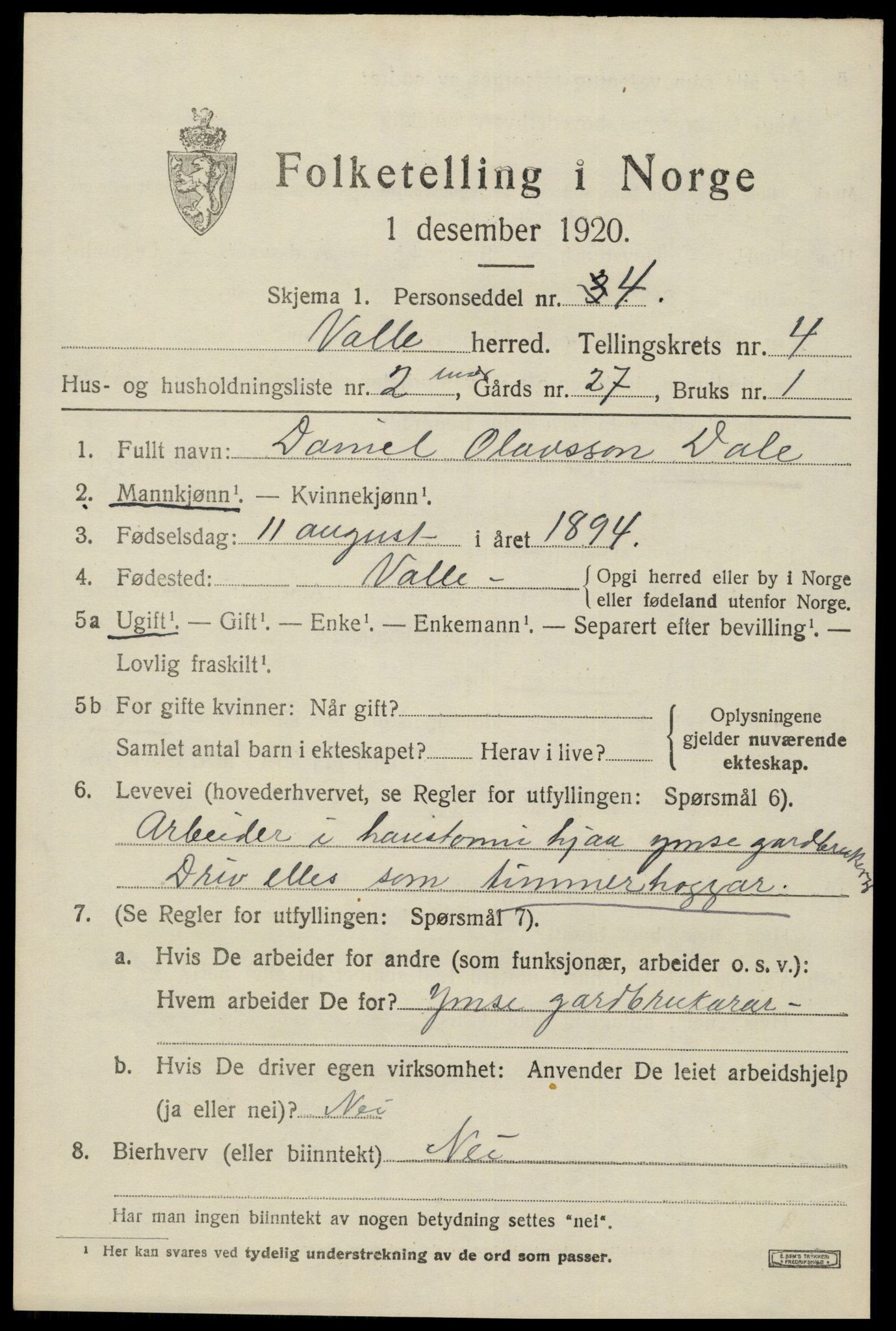 SAK, 1920 census for Valle, 1920, p. 2007