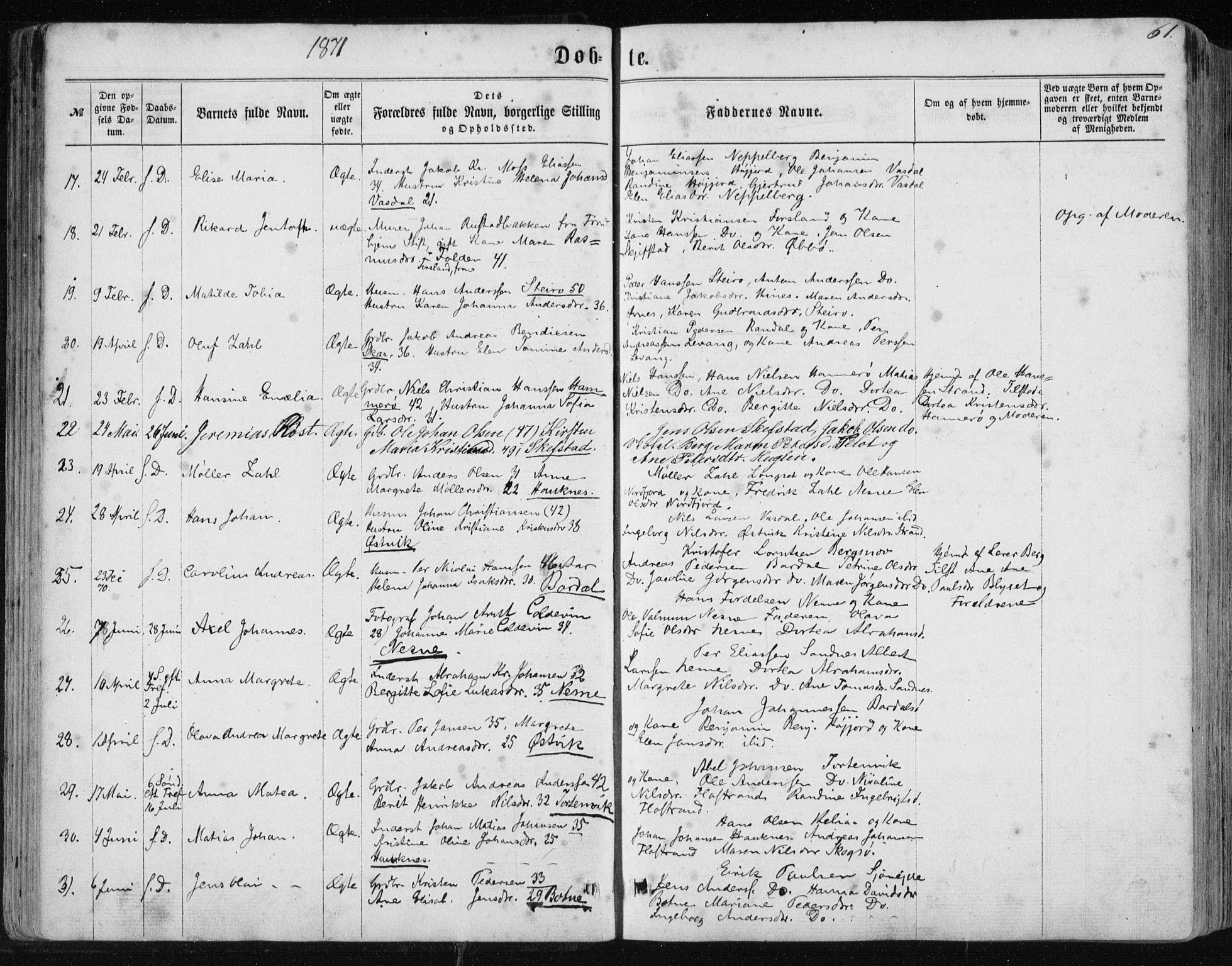 Ministerialprotokoller, klokkerbøker og fødselsregistre - Nordland, SAT/A-1459/838/L0556: Parish register (copy) no. 838C03, 1861-1893, p. 61