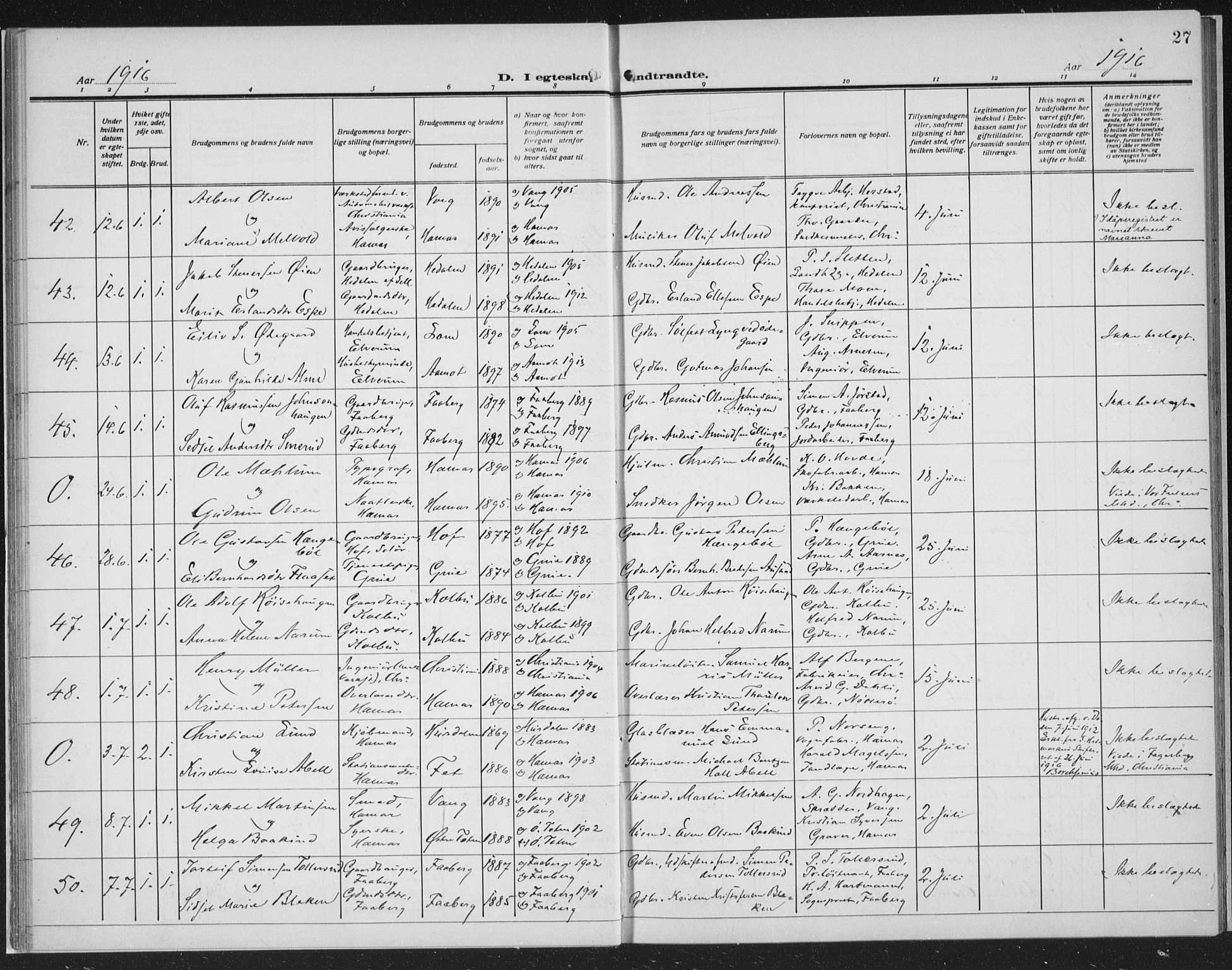 Hamar prestekontor, AV/SAH-DOMPH-002/H/Ha/Haa/L0003: Parish register (official) no. 3, 1913-1930, p. 27