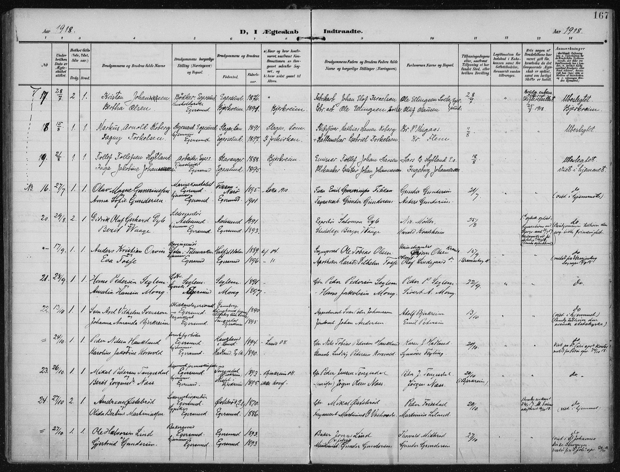 Eigersund sokneprestkontor, AV/SAST-A-101807/S08/L0022: Parish register (official) no. A 21, 1905-1928, p. 167