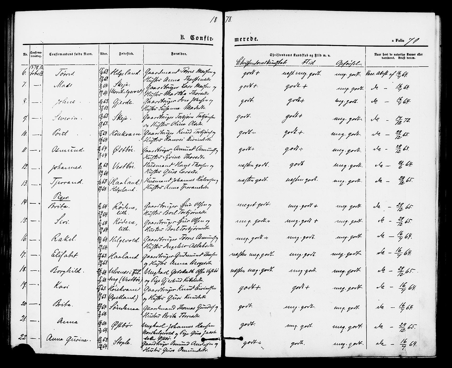 Vikedal sokneprestkontor, AV/SAST-A-101840/01/IV: Parish register (official) no. A 8, 1868-1885, p. 70