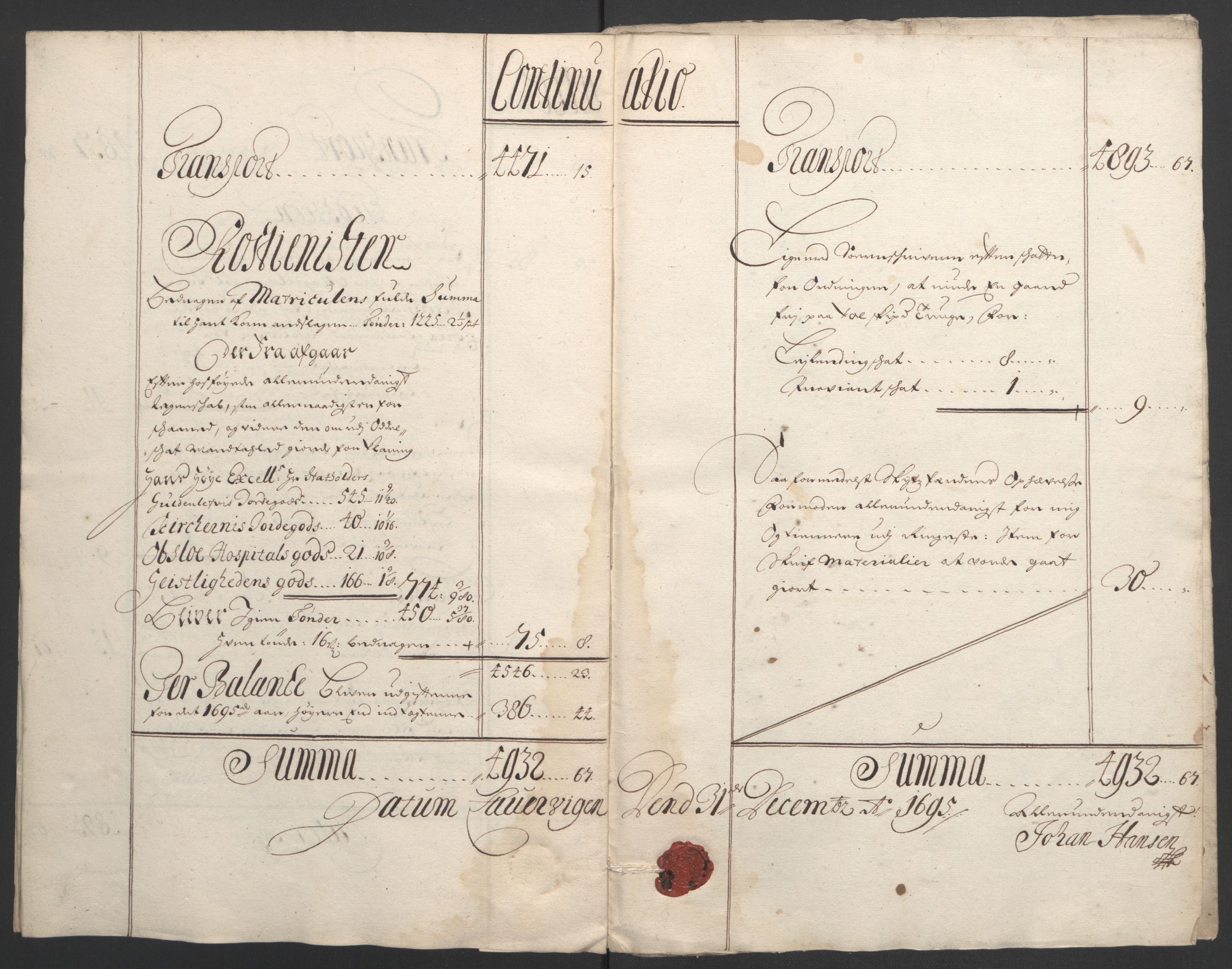 Rentekammeret inntil 1814, Reviderte regnskaper, Fogderegnskap, AV/RA-EA-4092/R33/L1974: Fogderegnskap Larvik grevskap, 1693-1695, p. 193