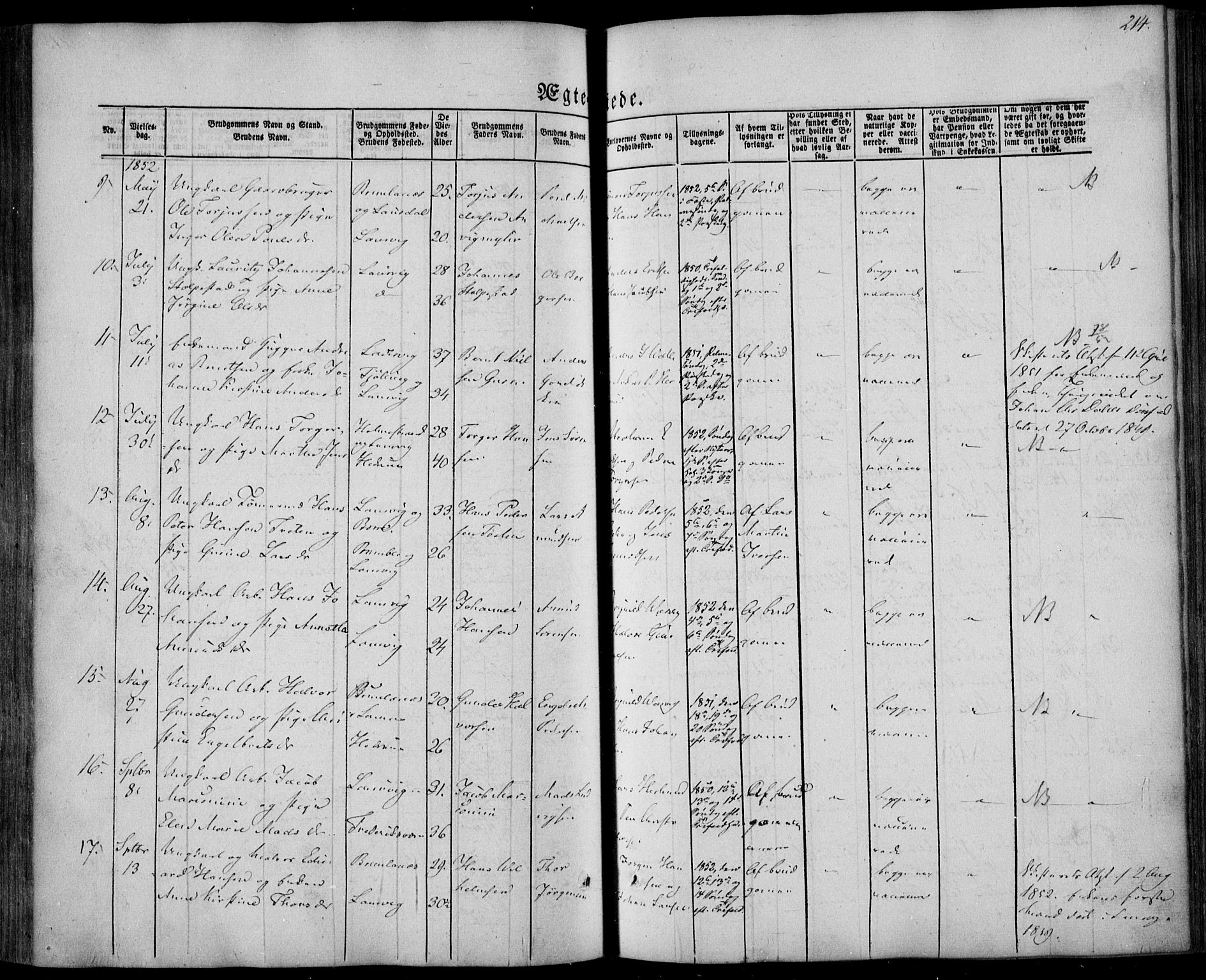 Larvik kirkebøker, AV/SAKO-A-352/F/Fa/L0003: Parish register (official) no. I 3, 1848-1856, p. 214