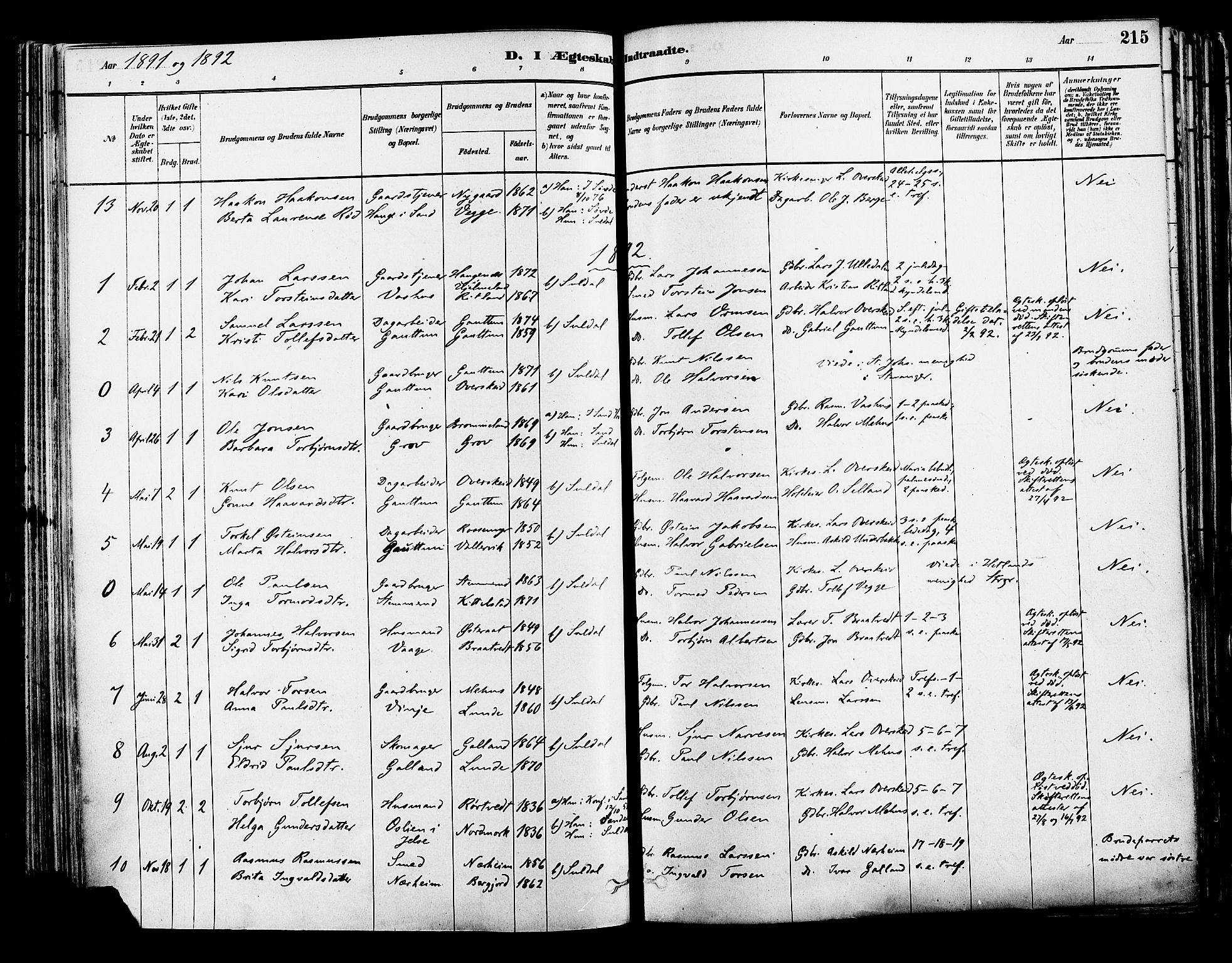 Suldal sokneprestkontor, AV/SAST-A-101845/01/IV/L0011: Parish register (official) no. A 11, 1878-1900, p. 215