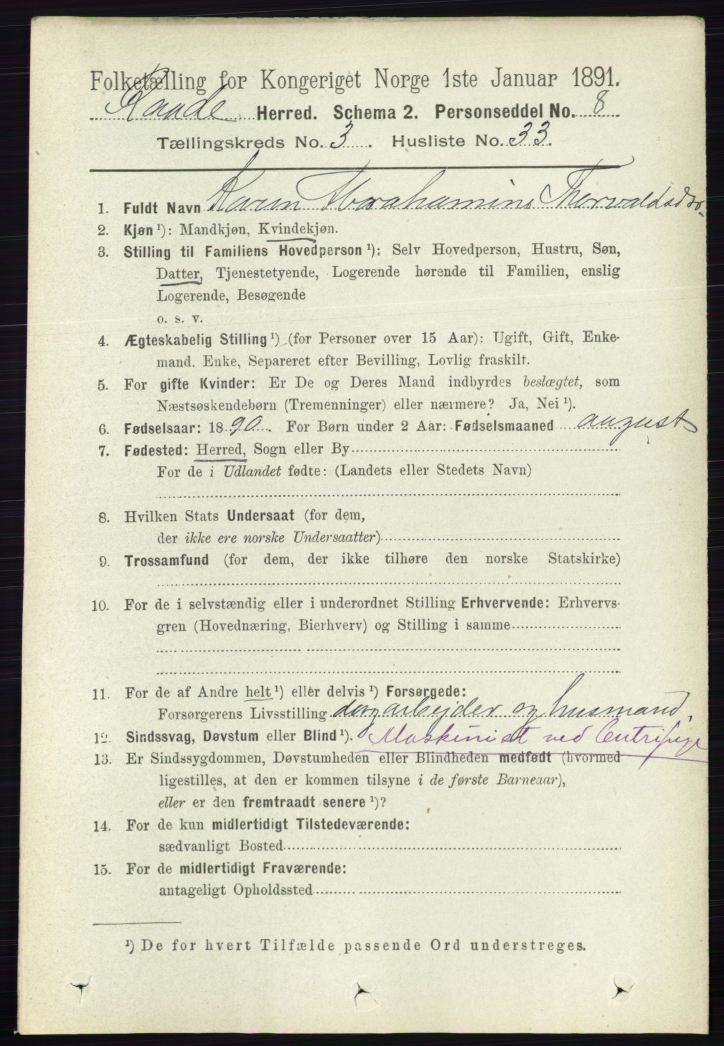 RA, 1891 census for 0135 Råde, 1891, p. 1399