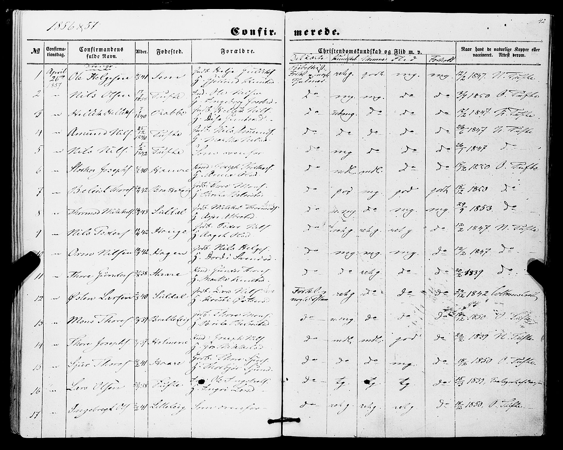 Røldal sokneprestembete, SAB/A-100247: Parish register (official) no. A 3, 1856-1870, p. 42