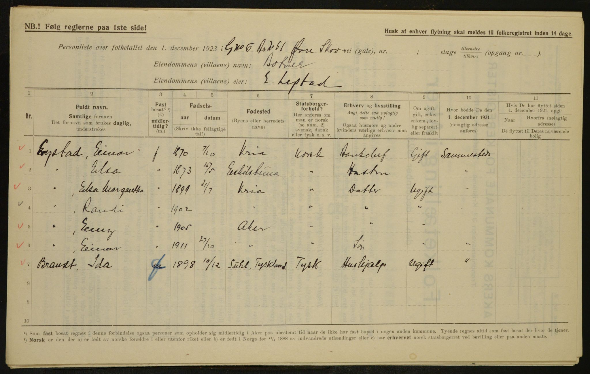 , Municipal Census 1923 for Aker, 1923, p. 4915