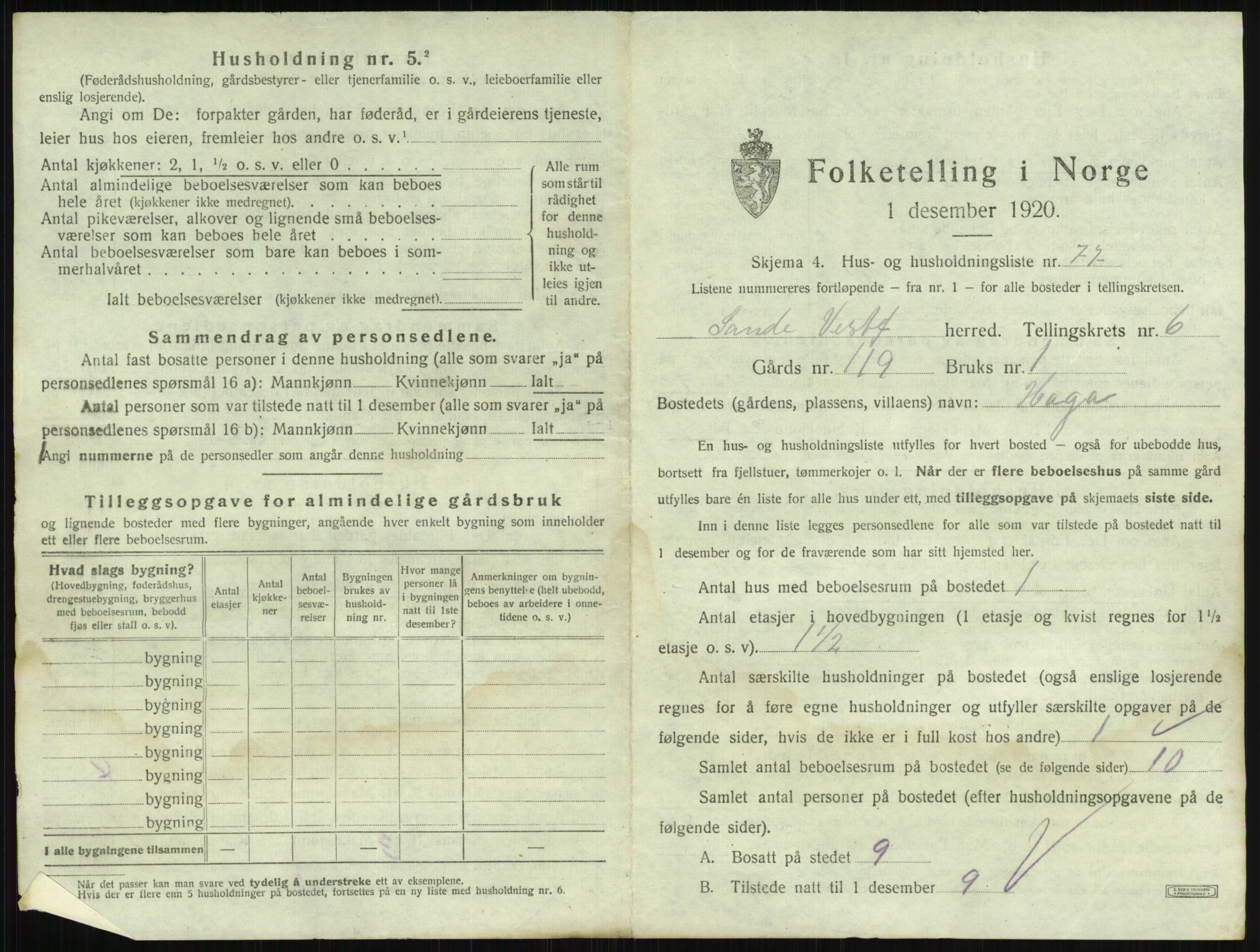 SAKO, 1920 census for Sande, 1920, p. 1210