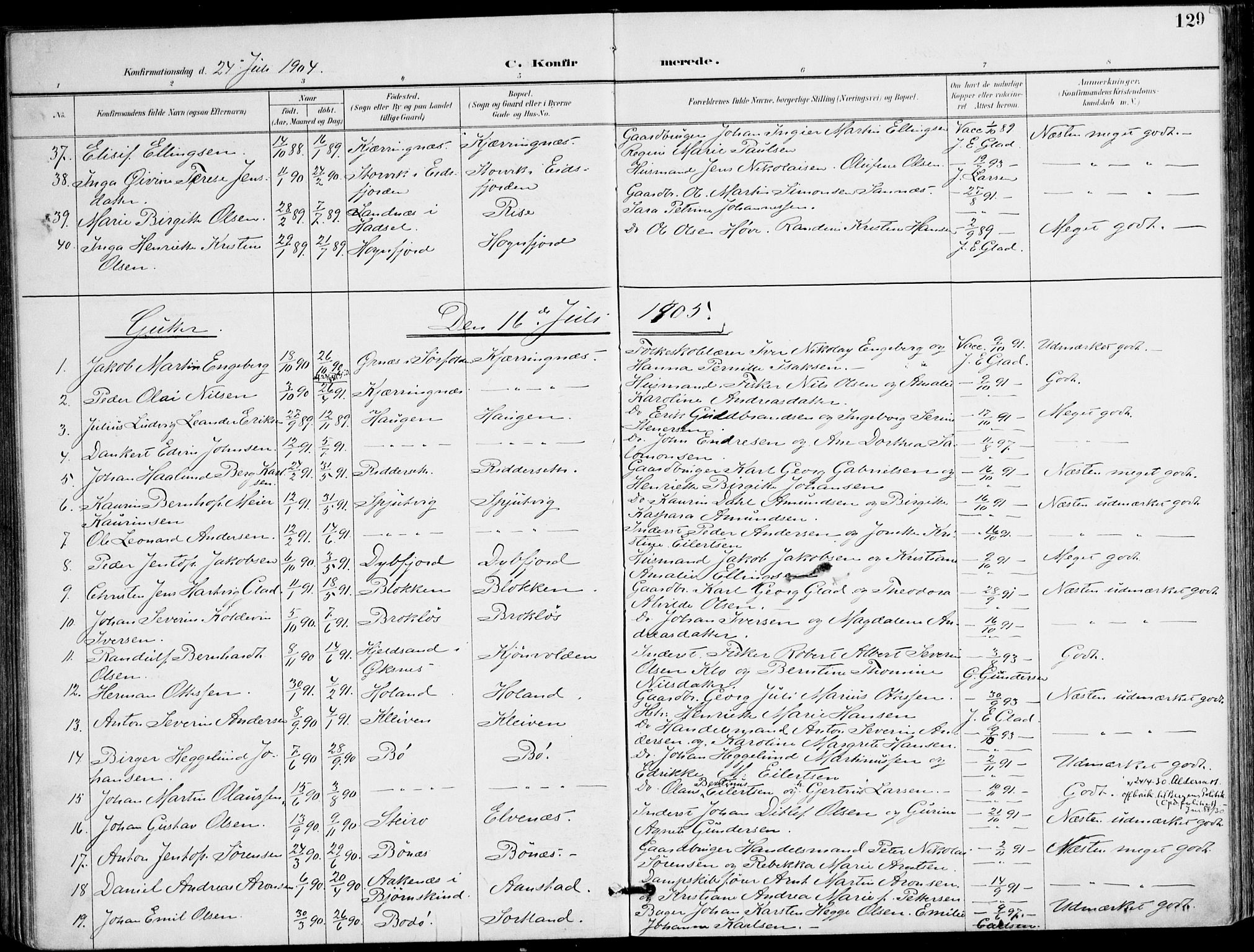 Ministerialprotokoller, klokkerbøker og fødselsregistre - Nordland, SAT/A-1459/895/L1372: Parish register (official) no. 895A07, 1894-1914, p. 129