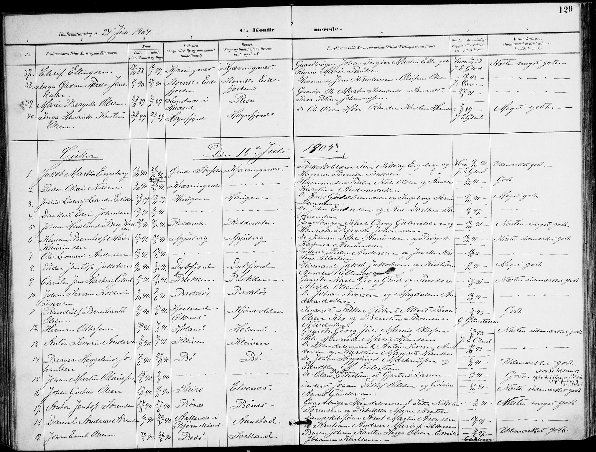 Ministerialprotokoller, klokkerbøker og fødselsregistre - Nordland, AV/SAT-A-1459/895/L1372: Parish register (official) no. 895A07, 1894-1914, p. 129