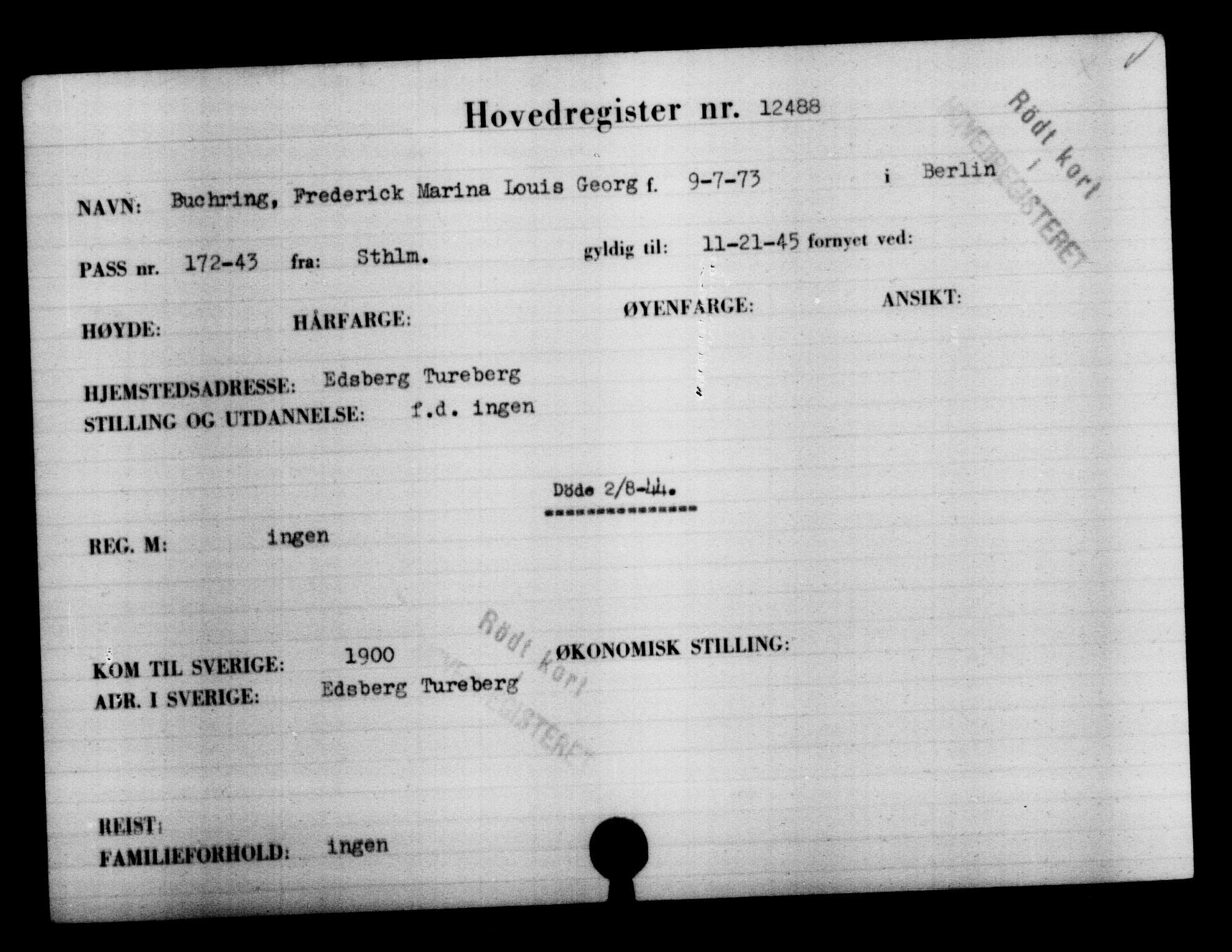 Den Kgl. Norske Legasjons Flyktningskontor, RA/S-6753/V/Va/L0006: Kjesäterkartoteket.  Flyktningenr. 9400-12711, 1940-1945, p. 3521