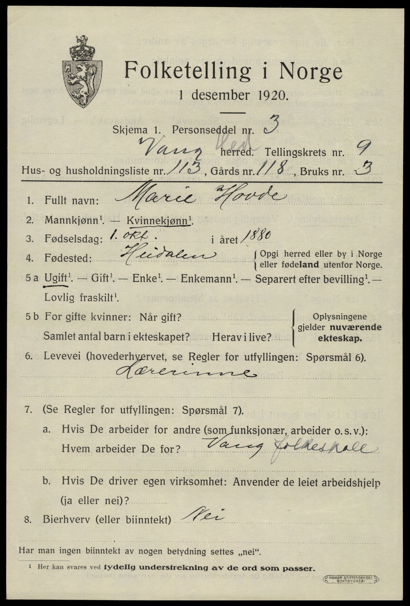 SAH, 1920 census for Vang (Hedmark), 1920, p. 19387