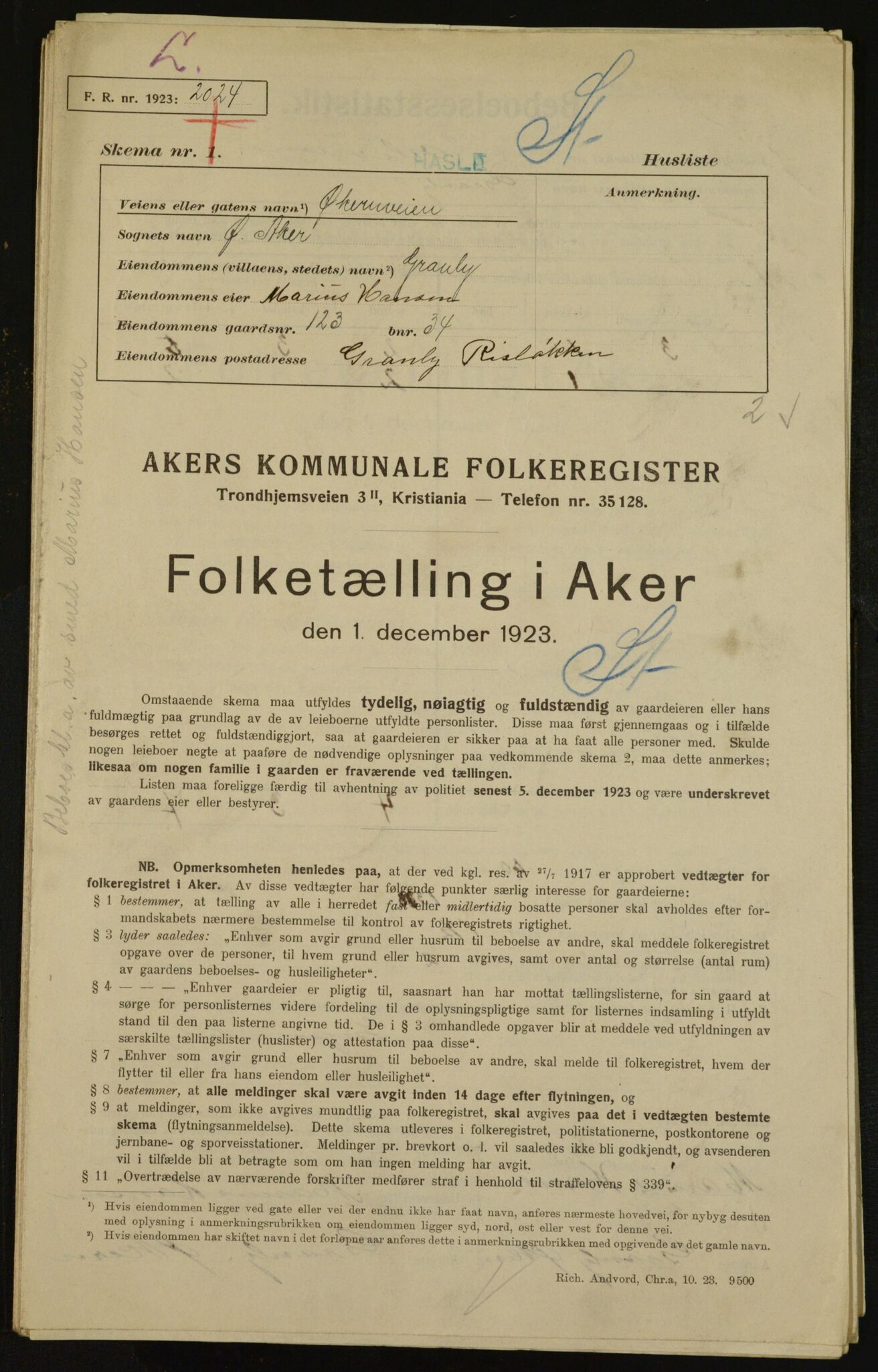 , Municipal Census 1923 for Aker, 1923, p. 35385