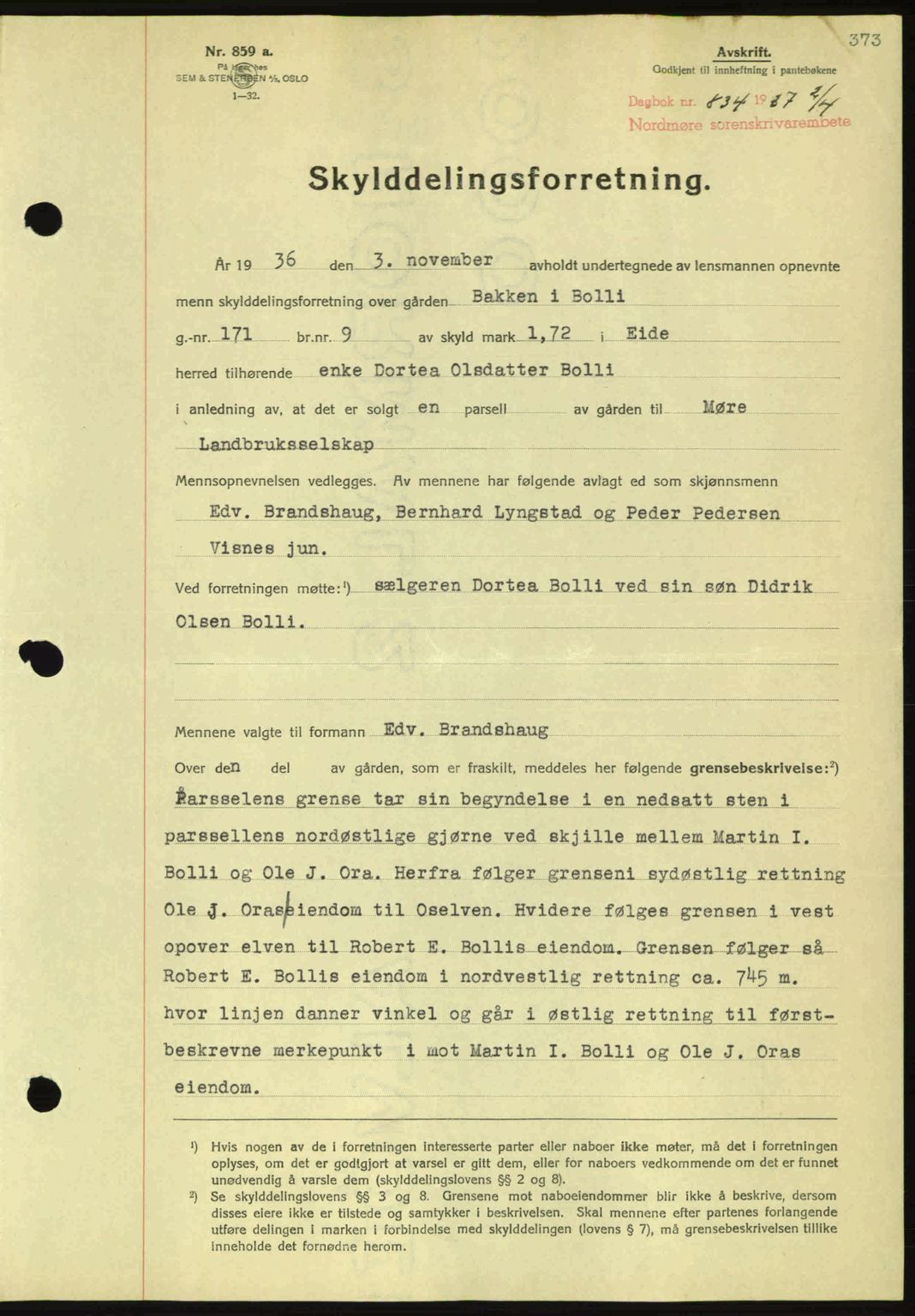 Nordmøre sorenskriveri, AV/SAT-A-4132/1/2/2Ca: Mortgage book no. A81, 1937-1937, Diary no: : 834/1937