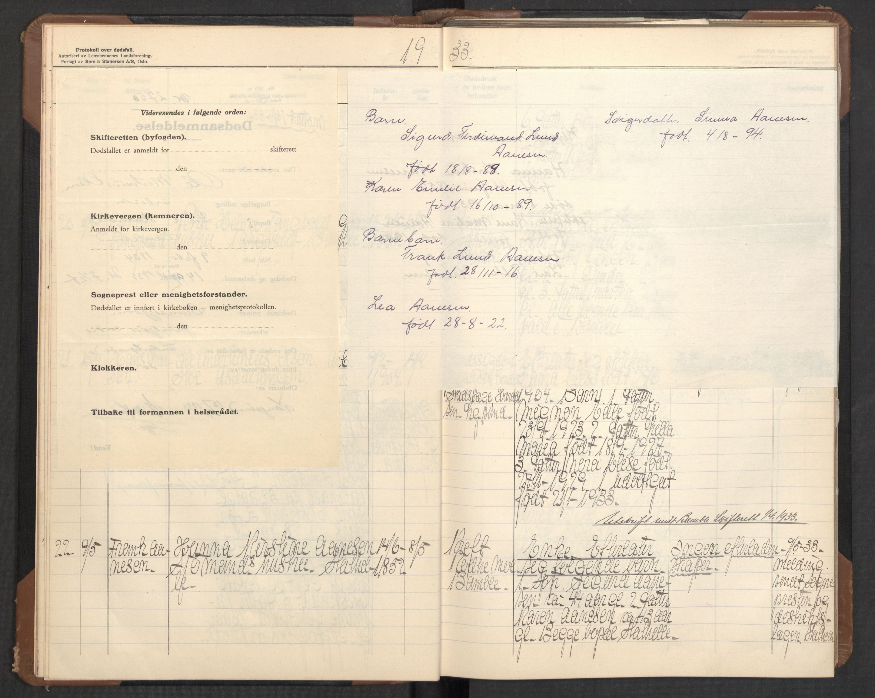 Bamble lensmannskontor, AV/SAKO-A-552/H/Ha/Haa/L0006: Dødsfallsprotokoll, 1932-1938