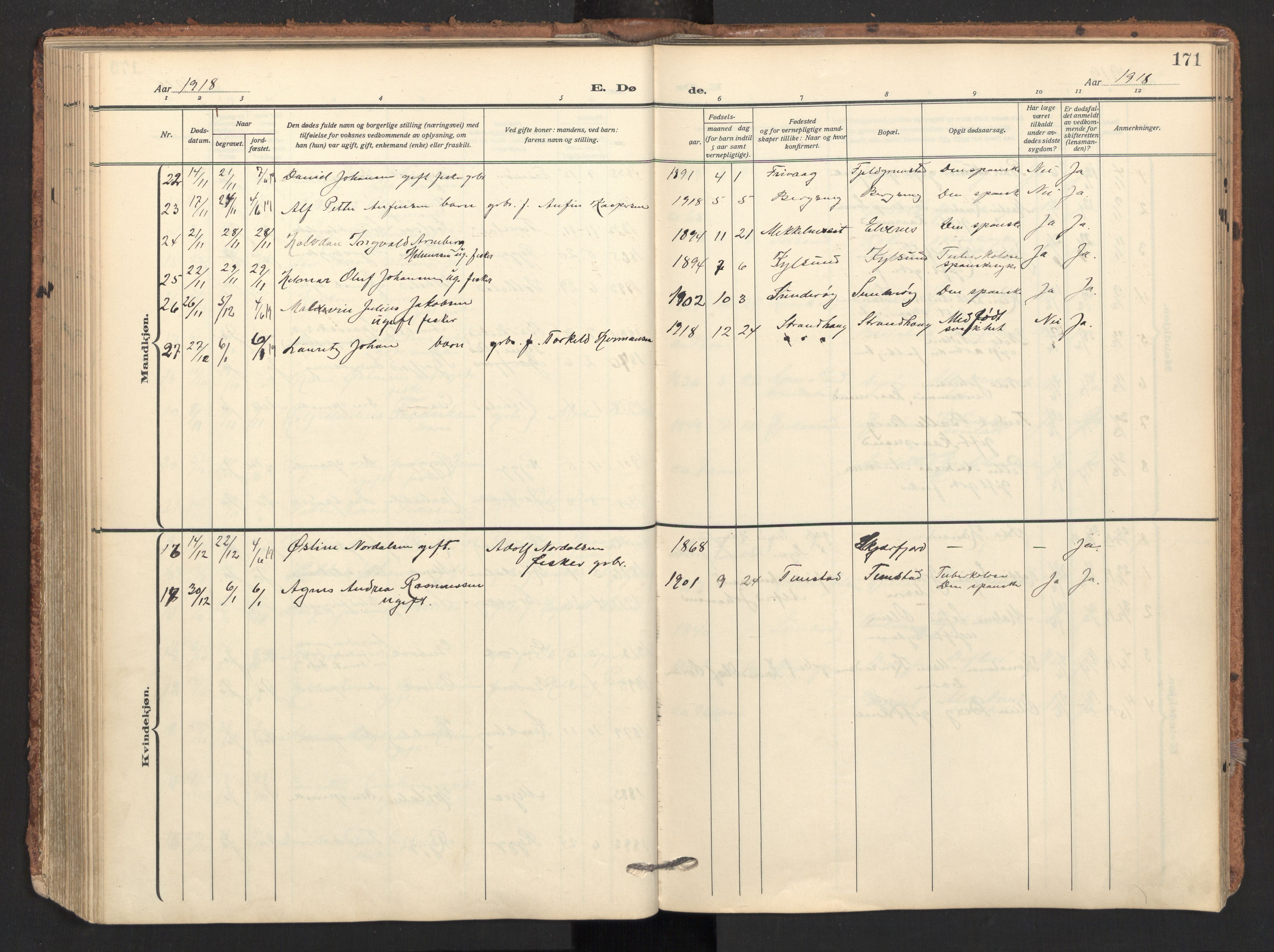 Ministerialprotokoller, klokkerbøker og fødselsregistre - Nordland, AV/SAT-A-1459/893/L1343: Parish register (official) no. 893A15, 1914-1928, p. 171