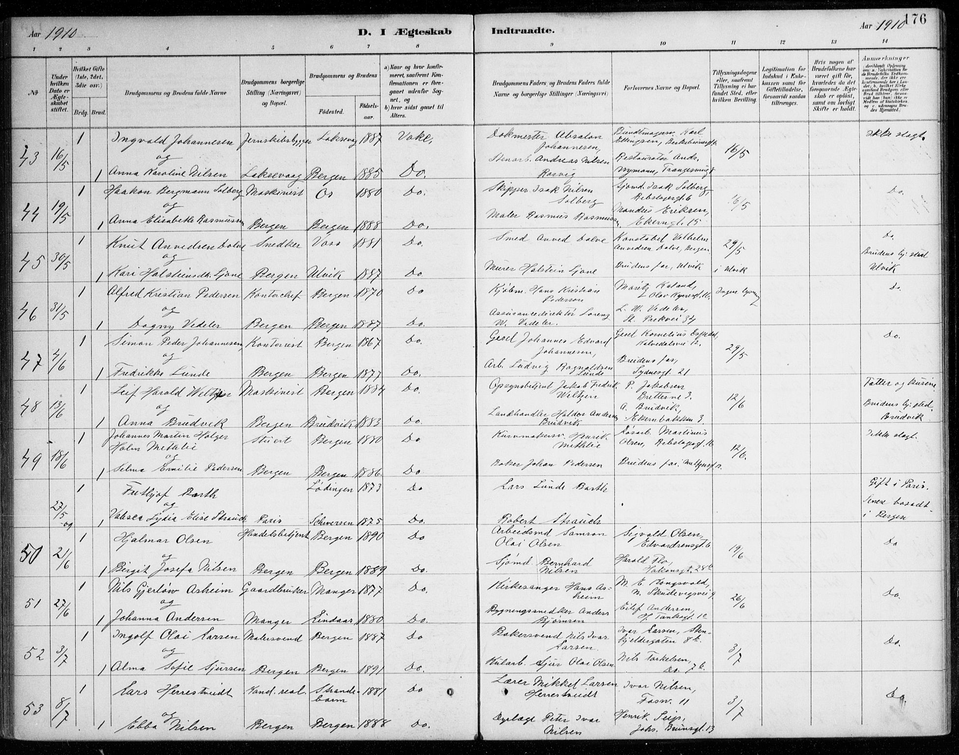 Johanneskirken sokneprestembete, AV/SAB-A-76001/H/Haa/L0012: Parish register (official) no. D 1, 1885-1912, p. 176