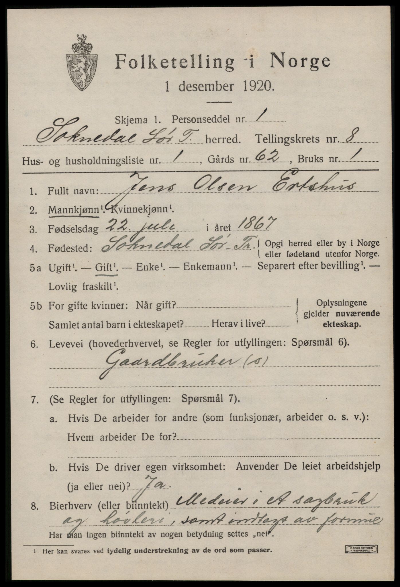 SAT, 1920 census for Soknedal, 1920, p. 3982