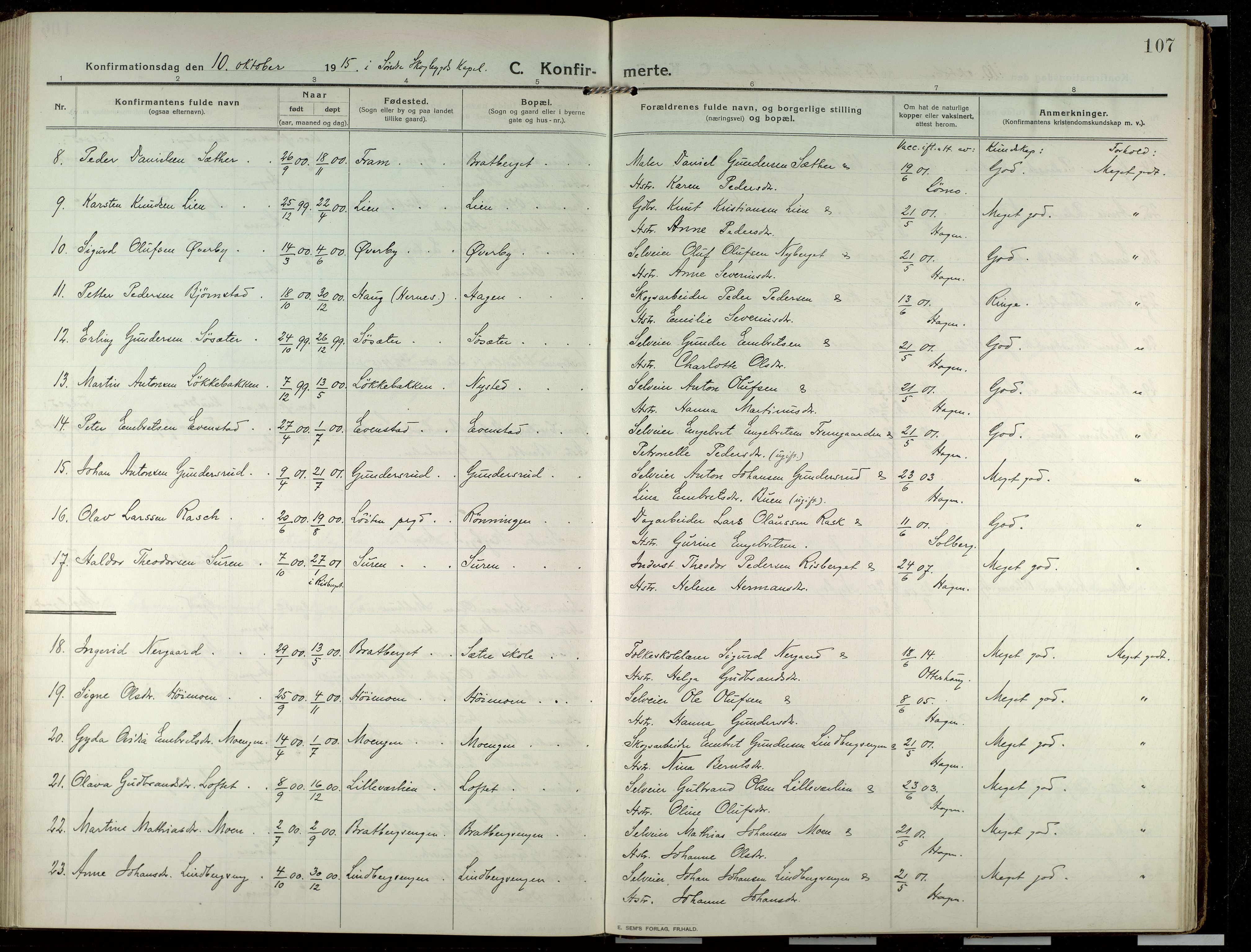 Elverum prestekontor, SAH/PREST-044/H/Ha/Haa/L0022: Parish register (official) no. 22, 1913-1924, p. 107