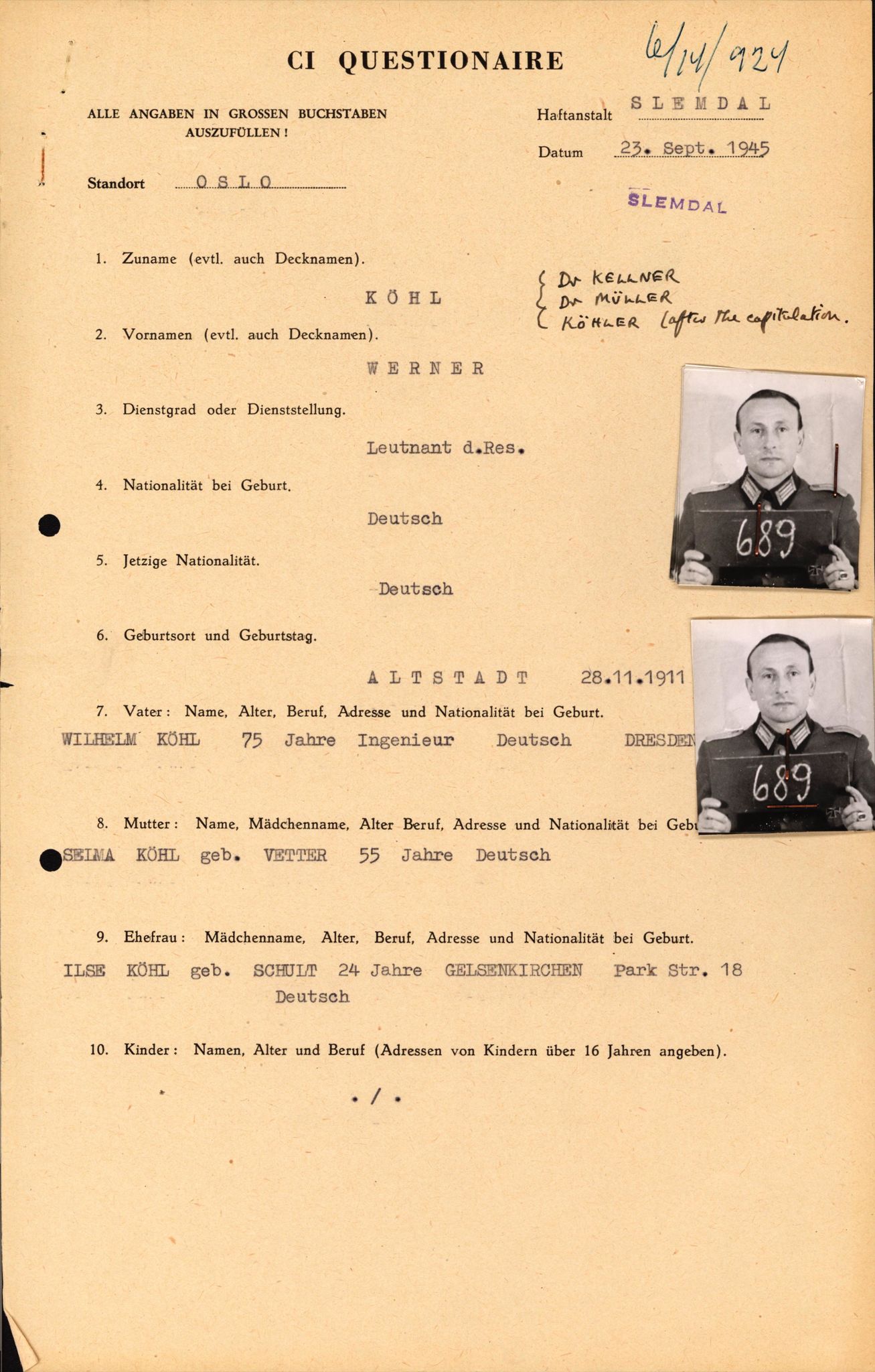 Forsvaret, Forsvarets overkommando II, AV/RA-RAFA-3915/D/Db/L0019: CI Questionaires. Tyske okkupasjonsstyrker i Norge. Tyskere., 1945-1946, p. 100