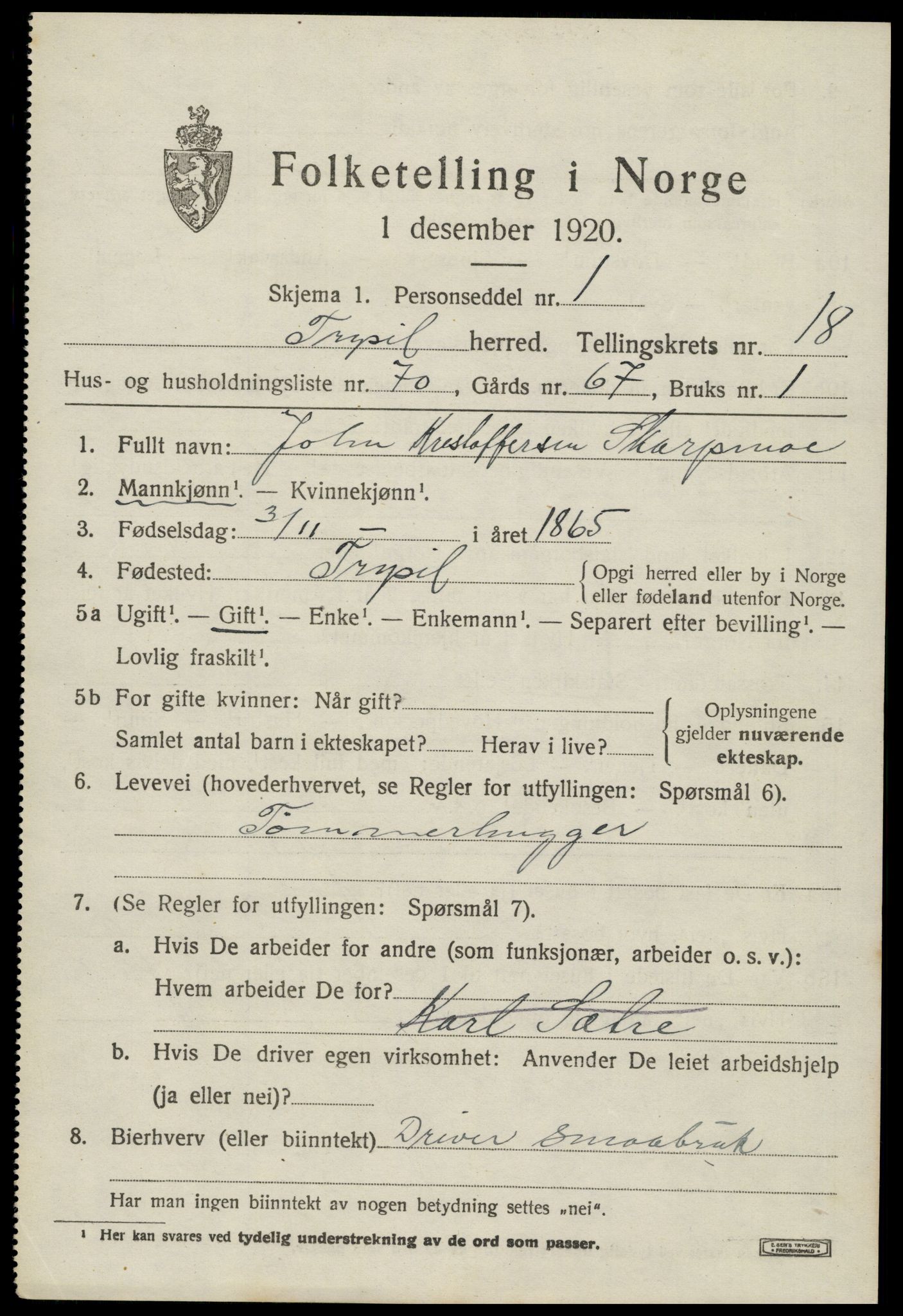 SAH, 1920 census for Trysil, 1920, p. 12607