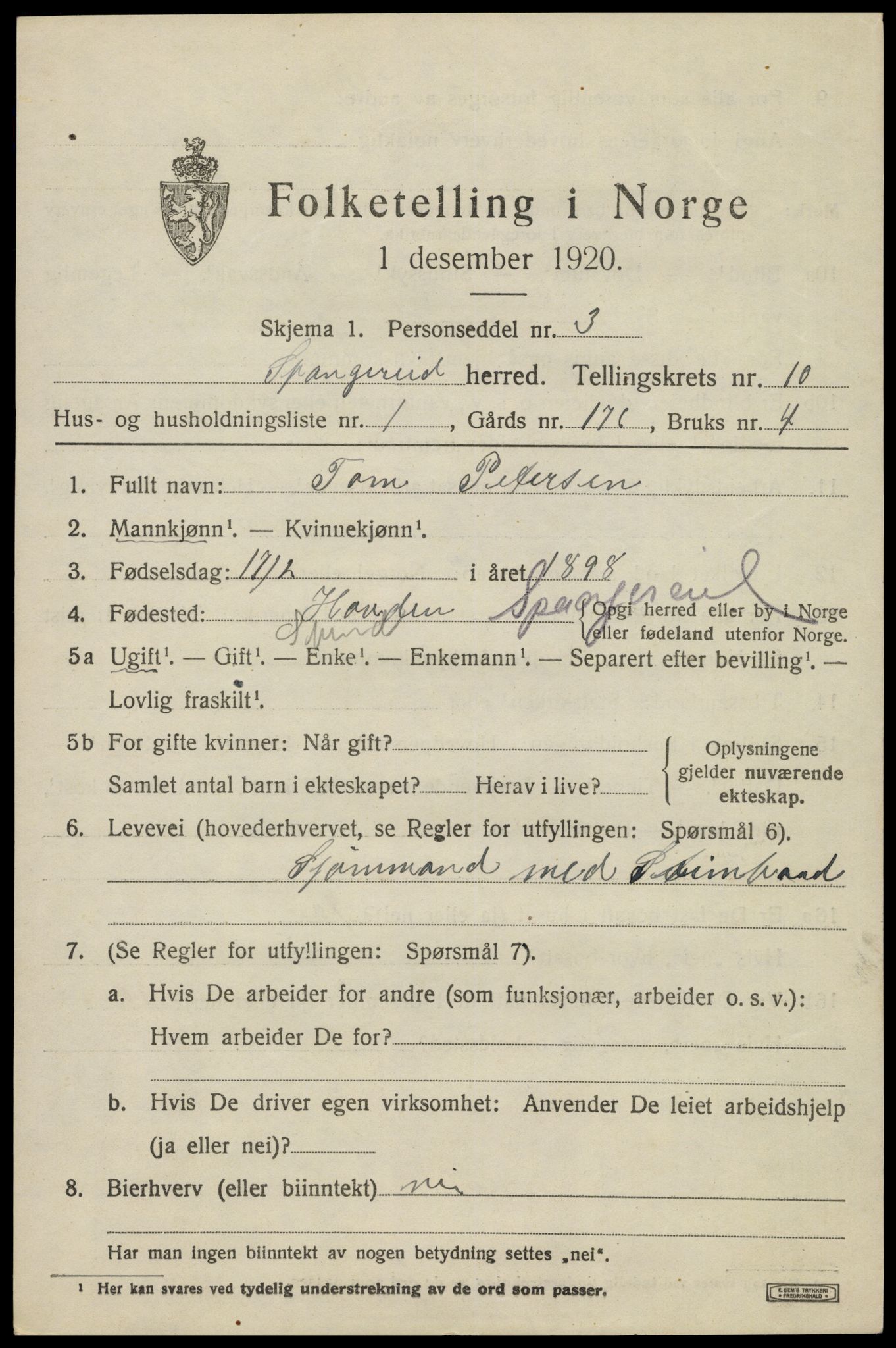 SAK, 1920 census for Spangereid, 1920, p. 3495