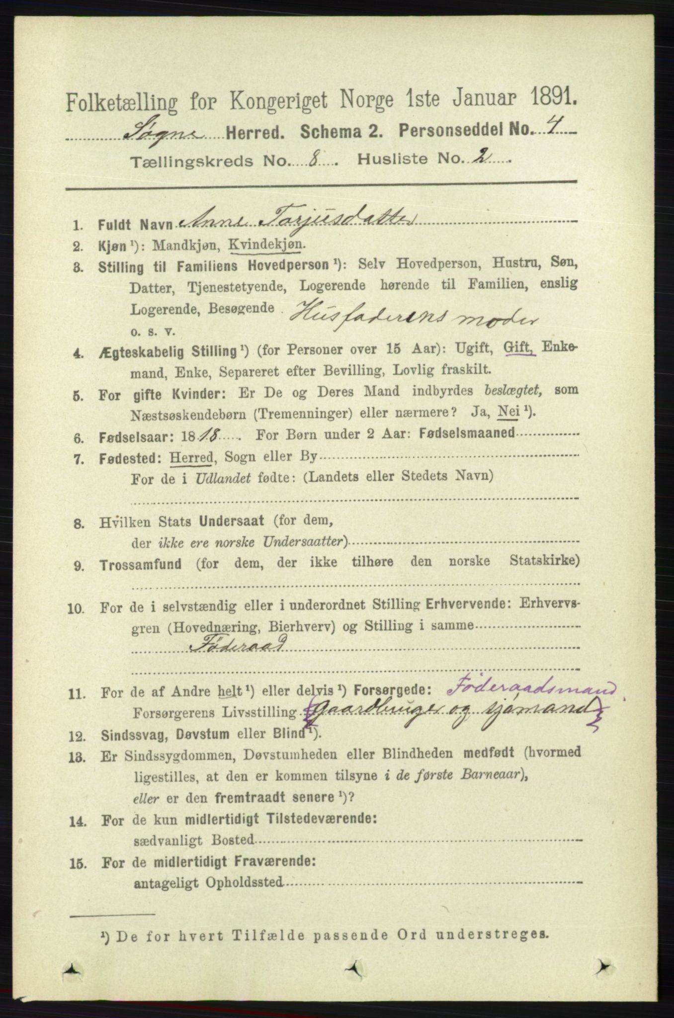 RA, 1891 census for 1018 Søgne, 1891, p. 2221