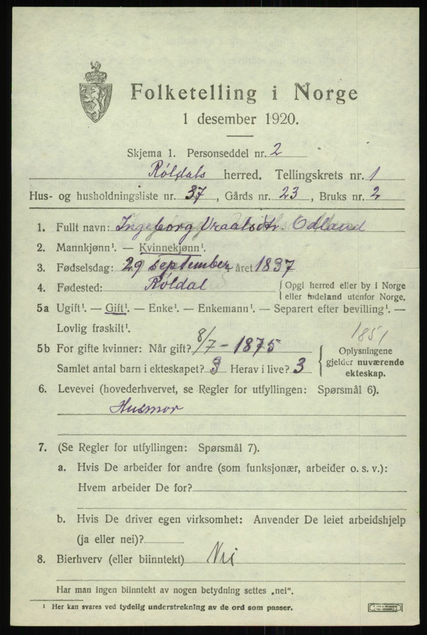 SAB, 1920 census for Røldal, 1920, p. 721