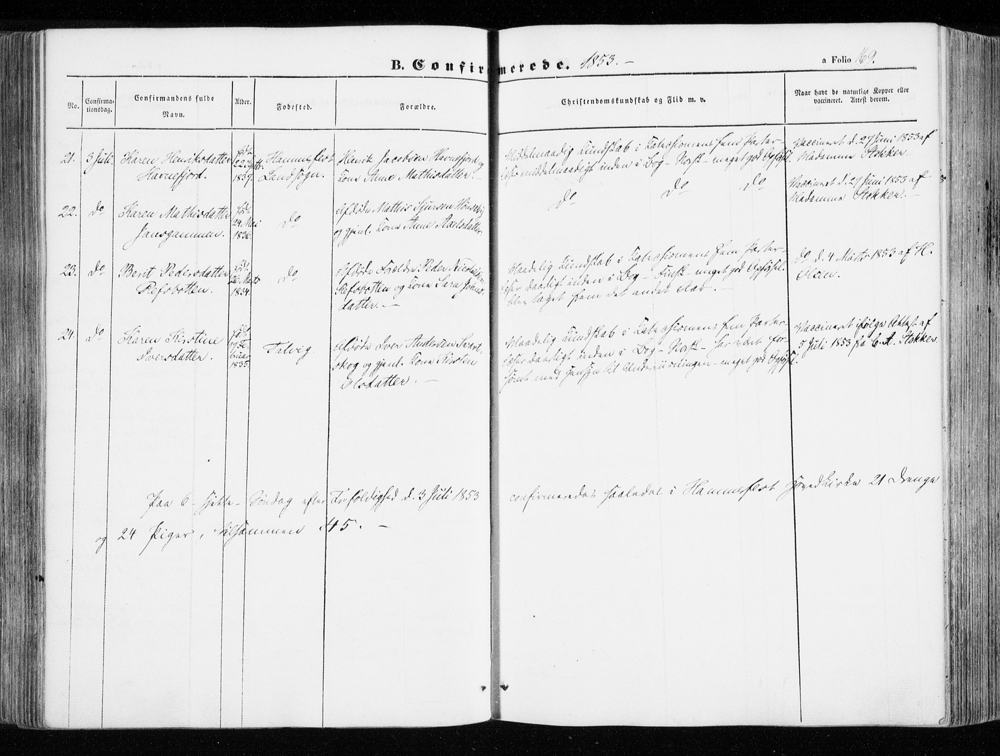 Hammerfest sokneprestkontor, SATØ/S-1347/H/Ha/L0004.kirke: Parish register (official) no. 4, 1843-1856, p. 169