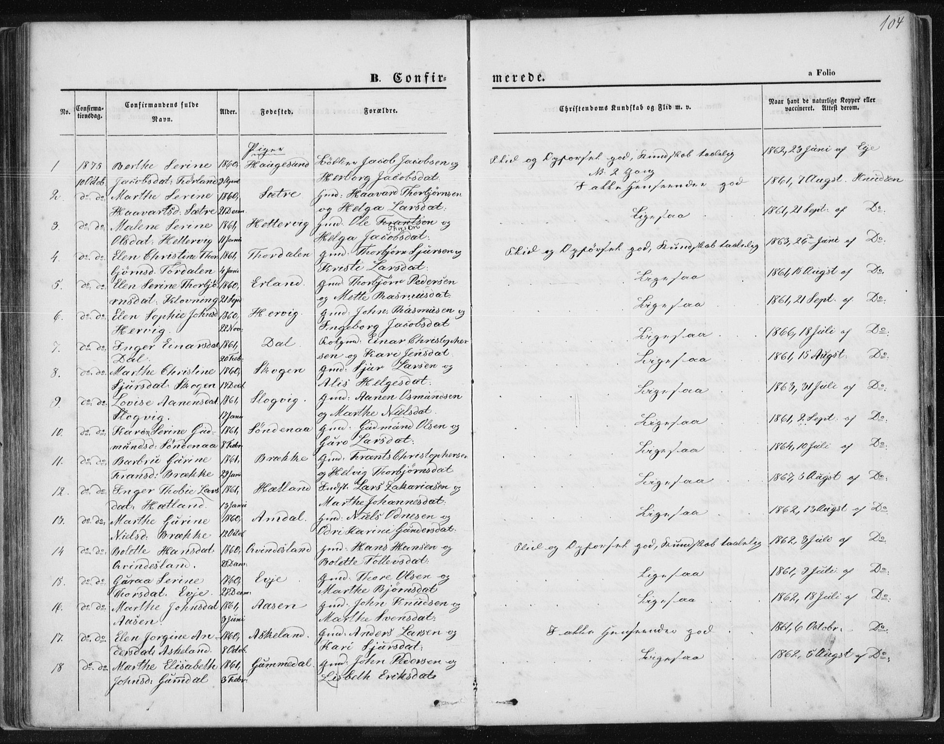 Tysvær sokneprestkontor, AV/SAST-A -101864/H/Ha/Haa/L0005: Parish register (official) no. A 5, 1865-1878, p. 104