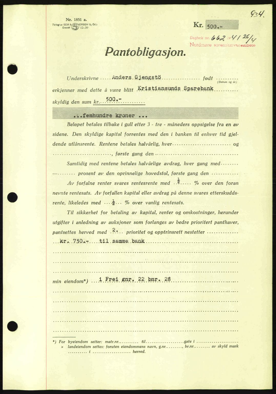 Nordmøre sorenskriveri, AV/SAT-A-4132/1/2/2Ca: Mortgage book no. B87, 1940-1941, Diary no: : 662/1941