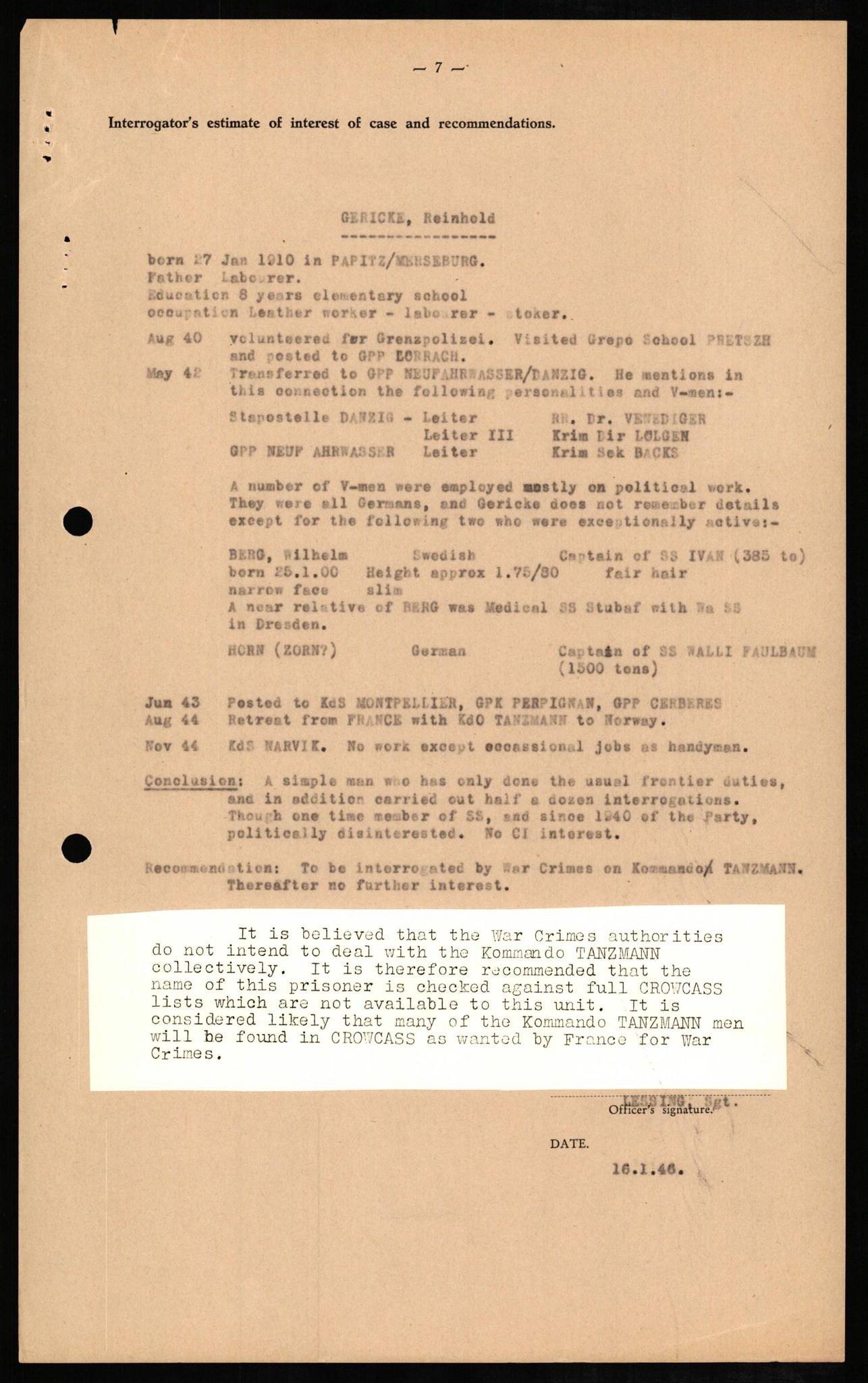 Forsvaret, Forsvarets overkommando II, AV/RA-RAFA-3915/D/Db/L0009: CI Questionaires. Tyske okkupasjonsstyrker i Norge. Tyskere., 1945-1946, p. 403