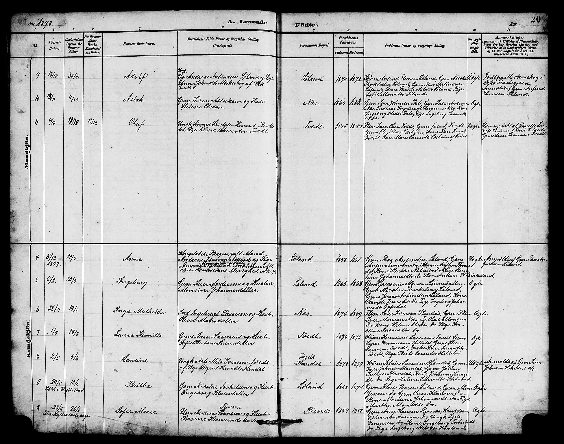 Hyllestad sokneprestembete, SAB/A-80401: Parish register (copy) no. B 2, 1889-1915, p. 20