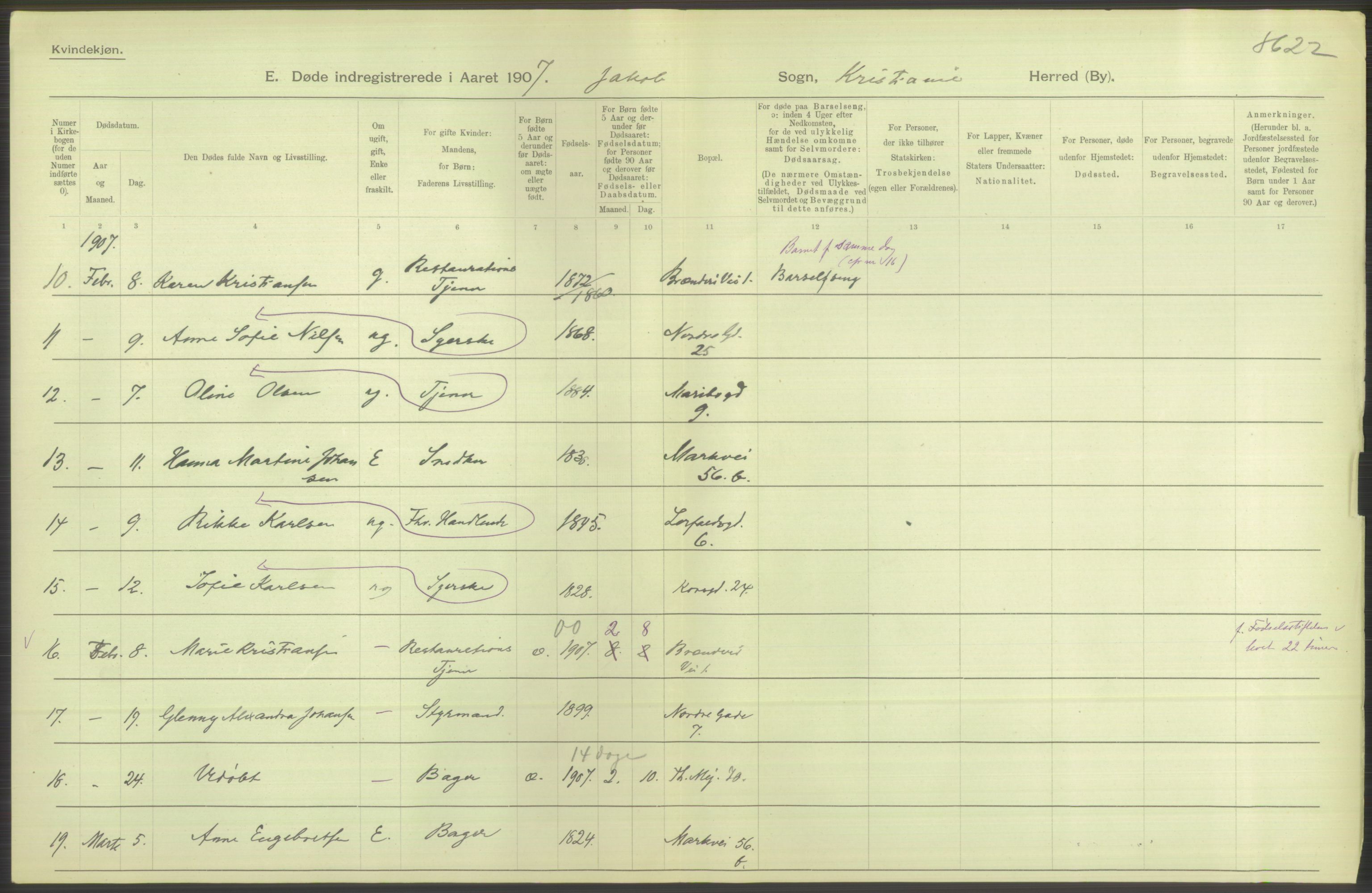 Statistisk sentralbyrå, Sosiodemografiske emner, Befolkning, RA/S-2228/D/Df/Dfa/Dfae/L0009: Kristiania: Døde, 1907, p. 422