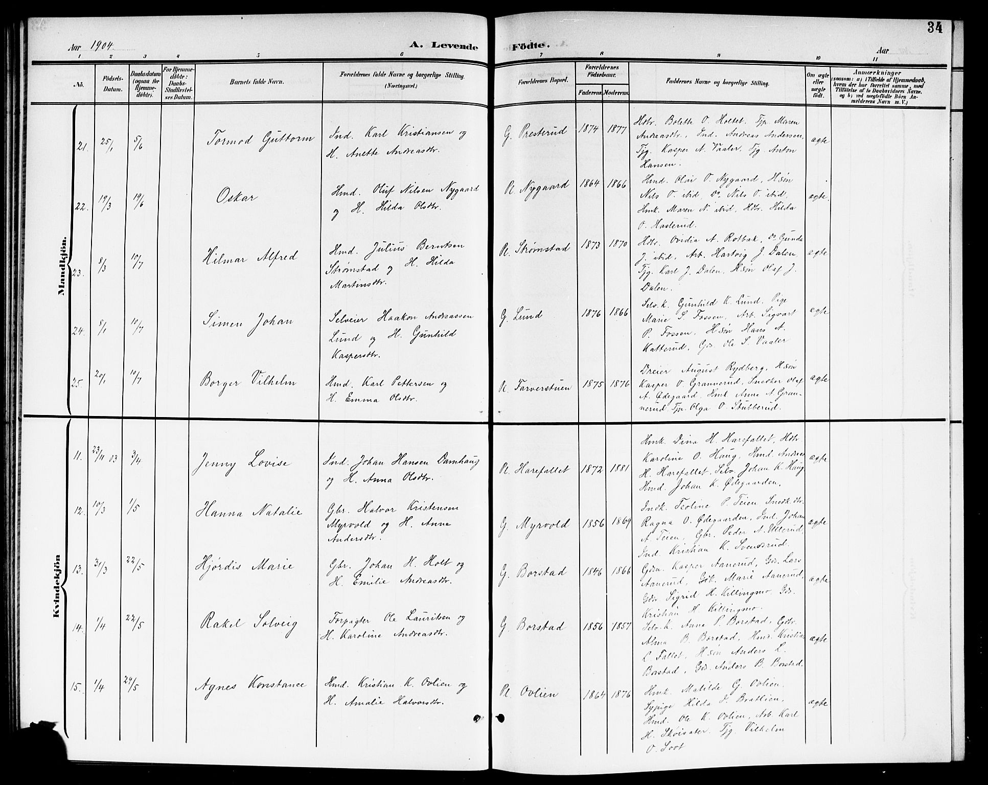 Aurskog prestekontor Kirkebøker, SAO/A-10304a/G/Ga/L0004: Parish register (copy) no. I 4, 1901-1921, p. 34