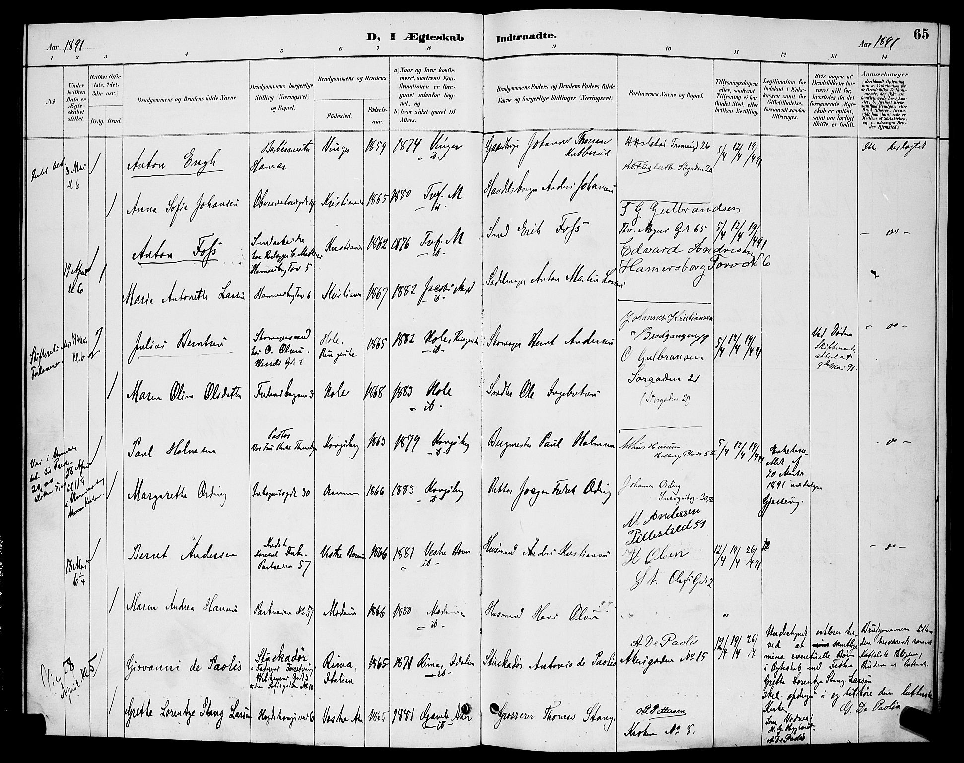 Trefoldighet prestekontor Kirkebøker, AV/SAO-A-10882/H/Ha/L0004: Banns register no. 4, 1888-1894, p. 65