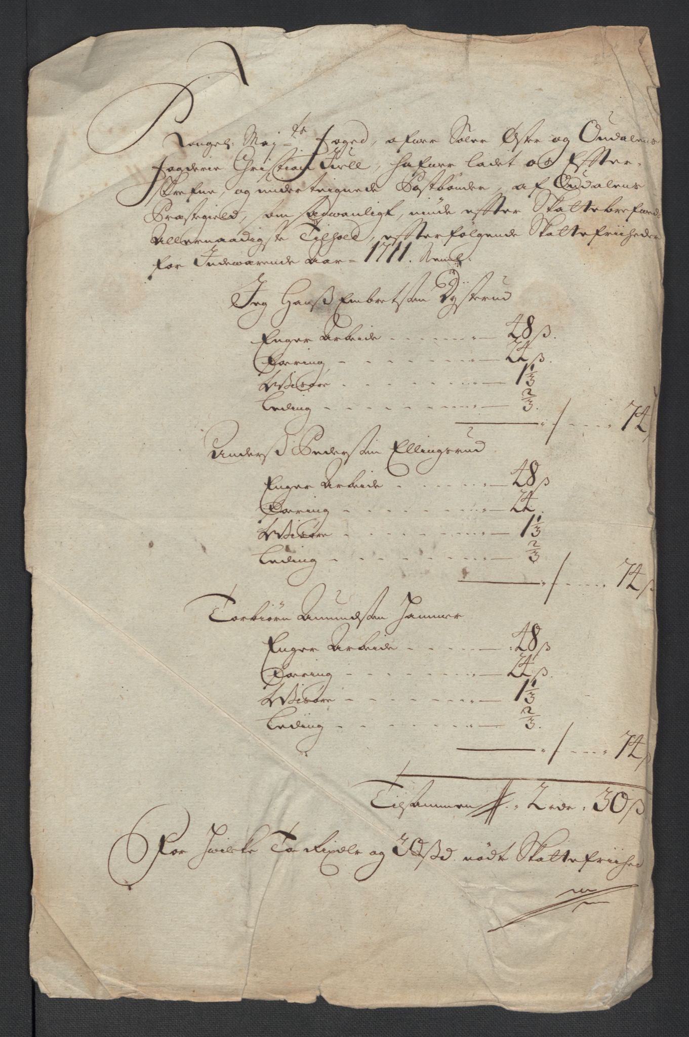 Rentekammeret inntil 1814, Reviderte regnskaper, Fogderegnskap, RA/EA-4092/R13/L0848: Fogderegnskap Solør, Odal og Østerdal, 1711, p. 311