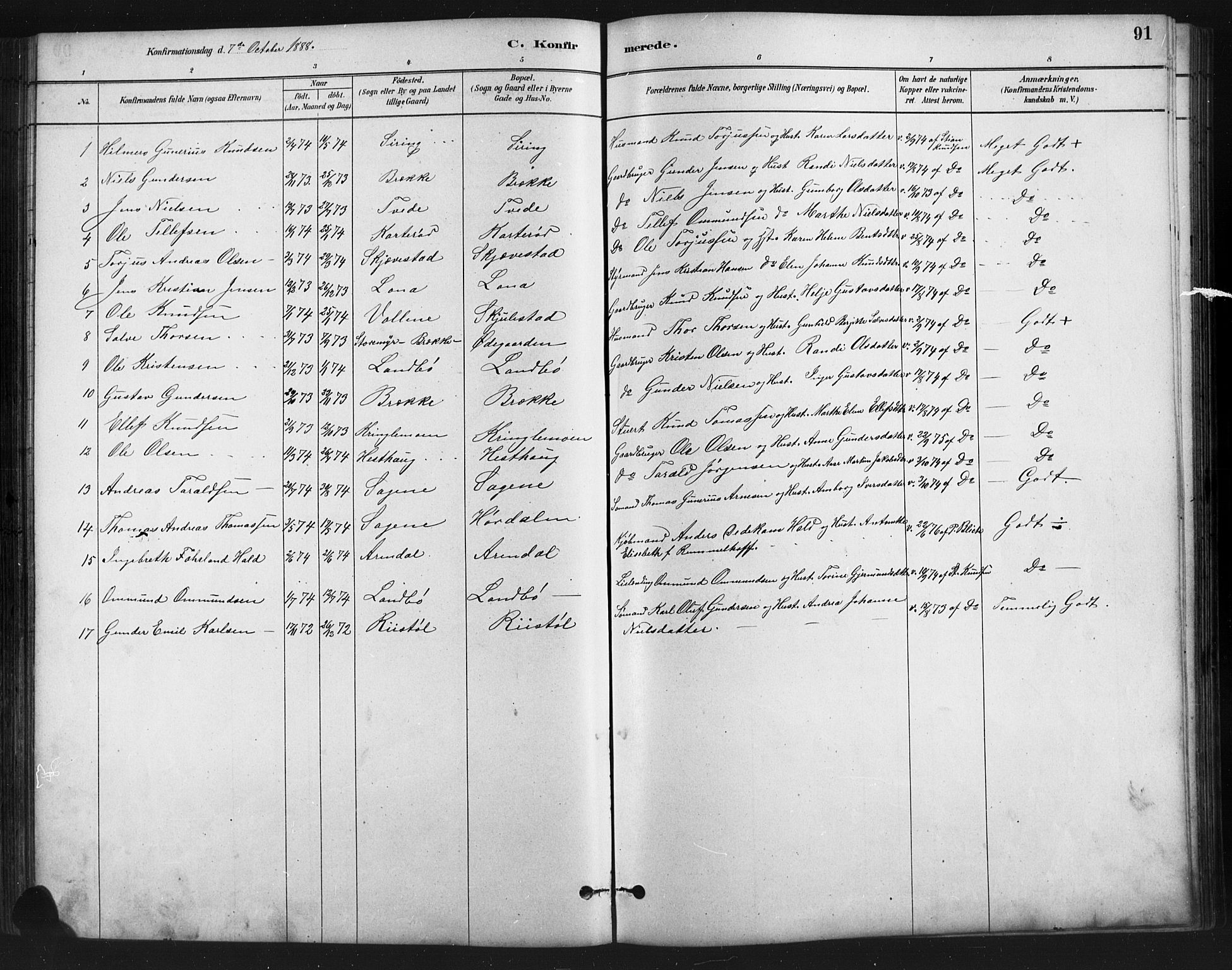 Austre Moland sokneprestkontor, SAK/1111-0001/F/Fb/Fba/L0003: Parish register (copy) no. B 3, 1879-1914, p. 91