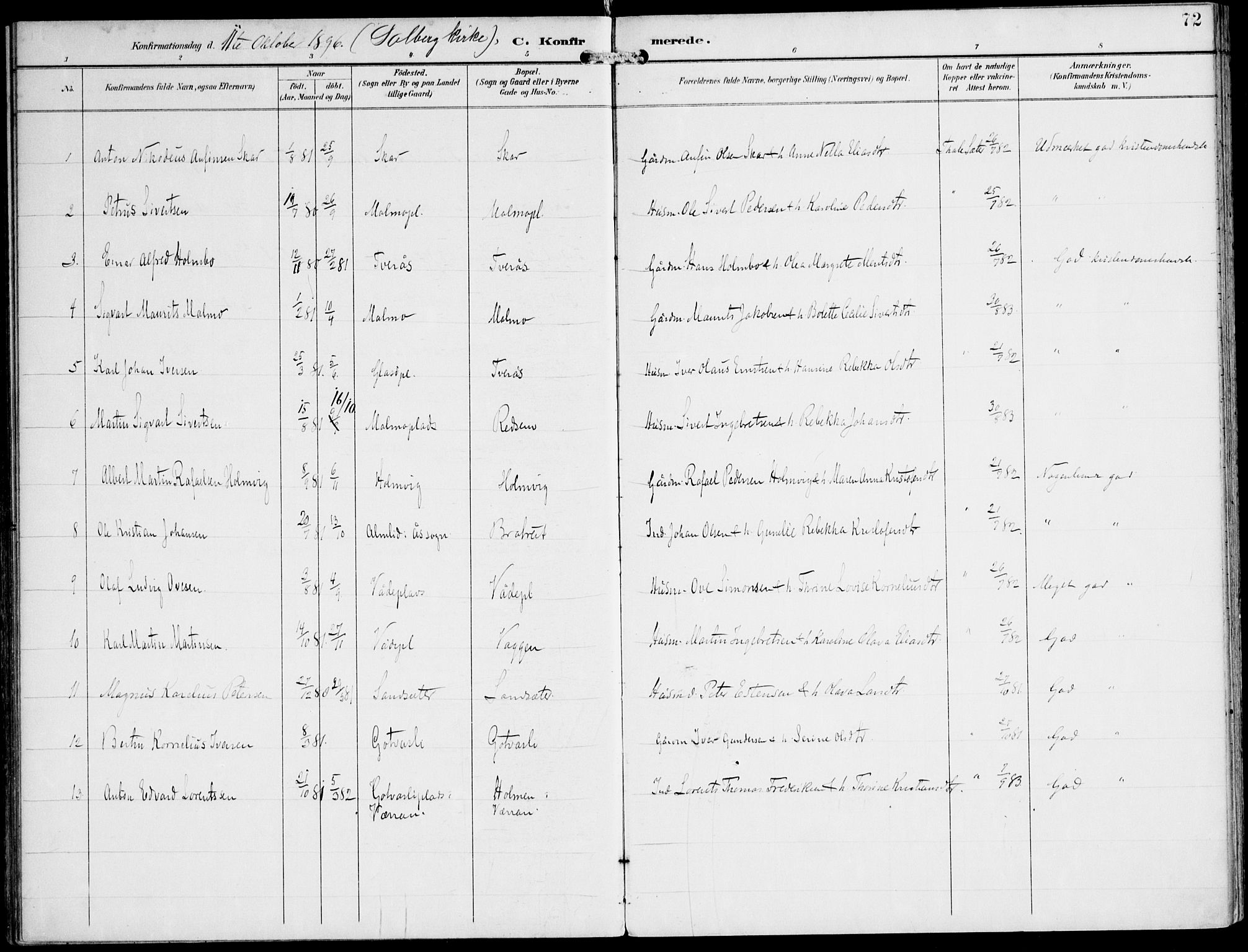Ministerialprotokoller, klokkerbøker og fødselsregistre - Nord-Trøndelag, SAT/A-1458/745/L0430: Parish register (official) no. 745A02, 1895-1913, p. 72