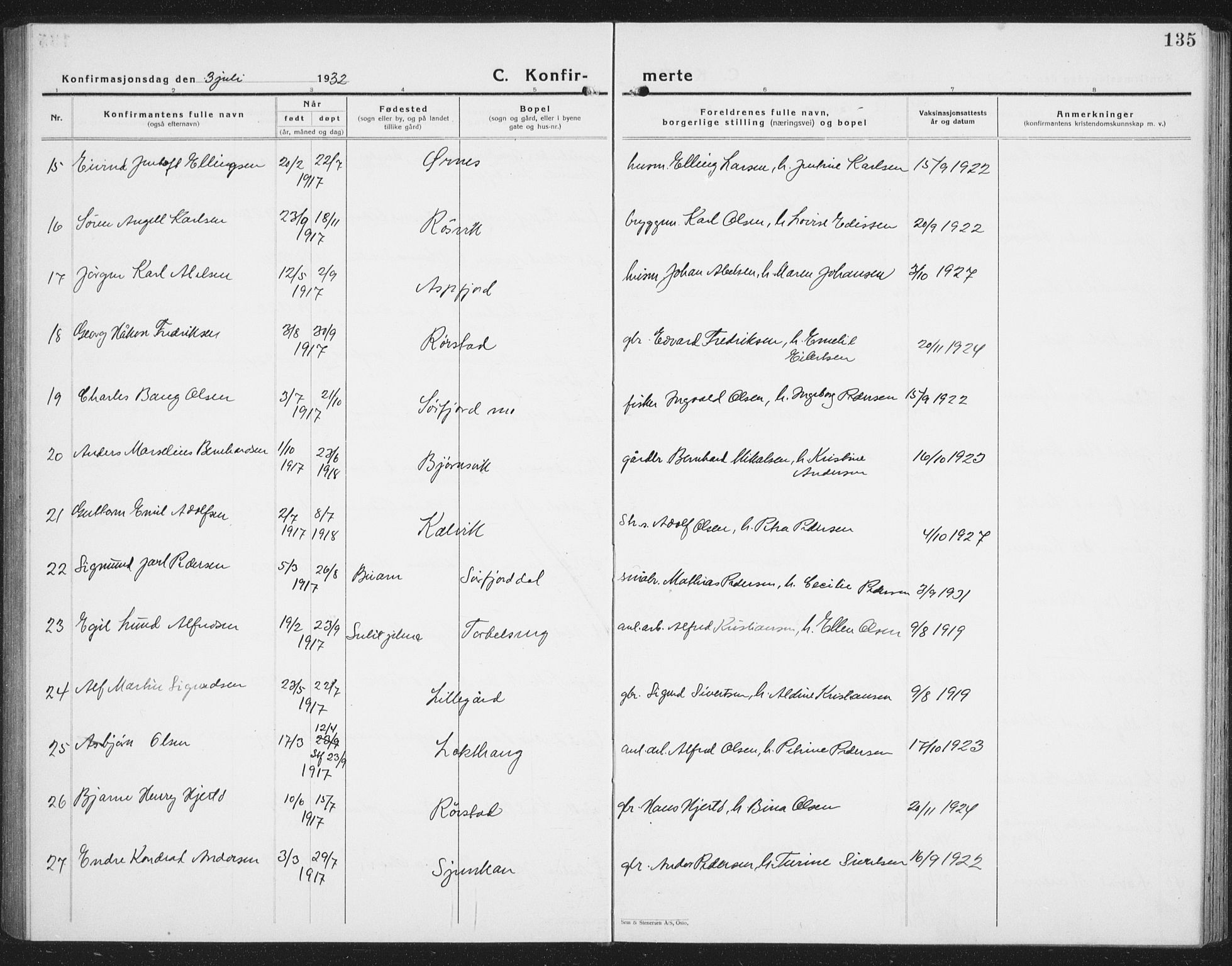 Ministerialprotokoller, klokkerbøker og fødselsregistre - Nordland, AV/SAT-A-1459/854/L0788: Parish register (copy) no. 854C04, 1926-1940, p. 135