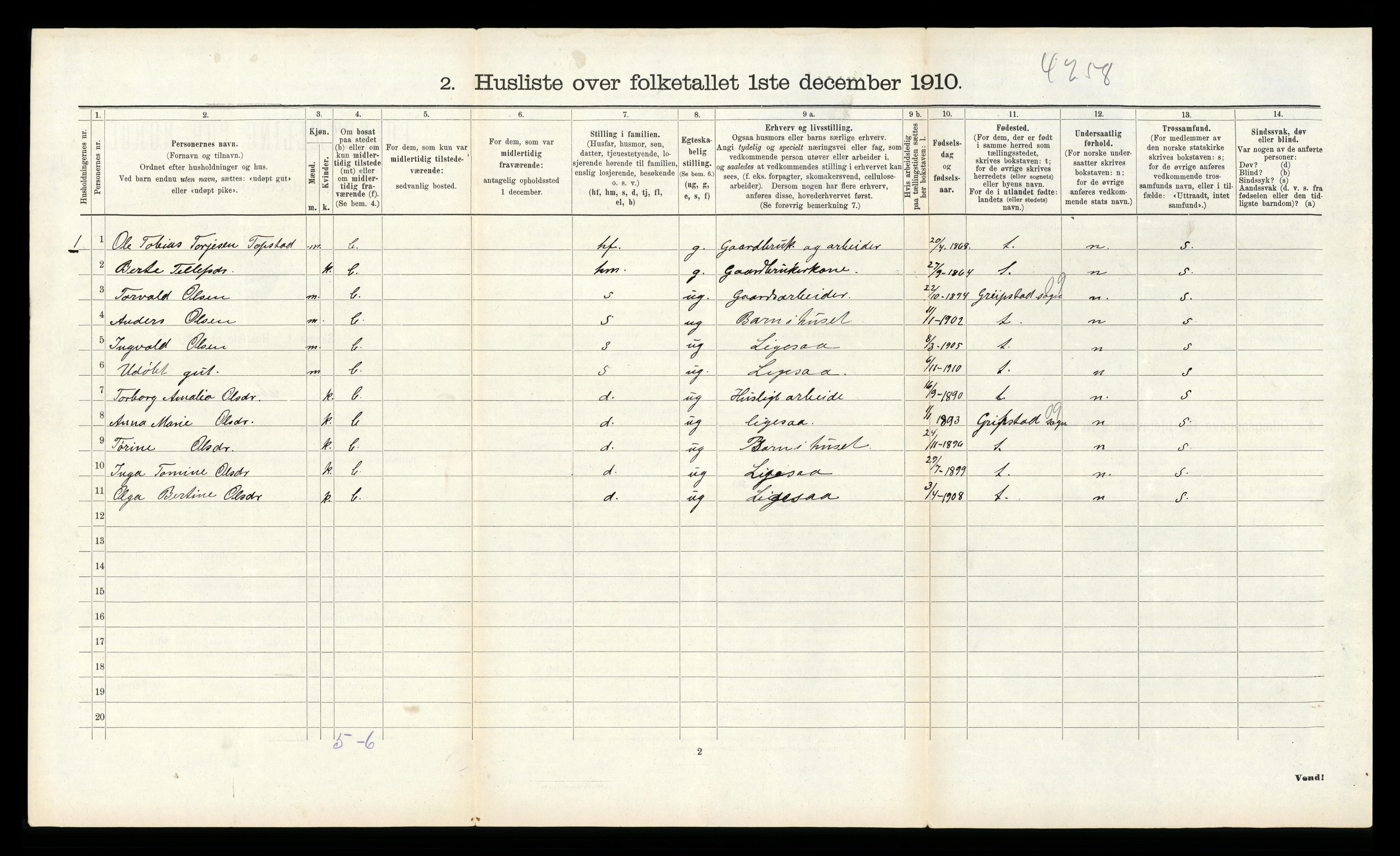 RA, 1910 census for Øvrebø, 1910, p. 188