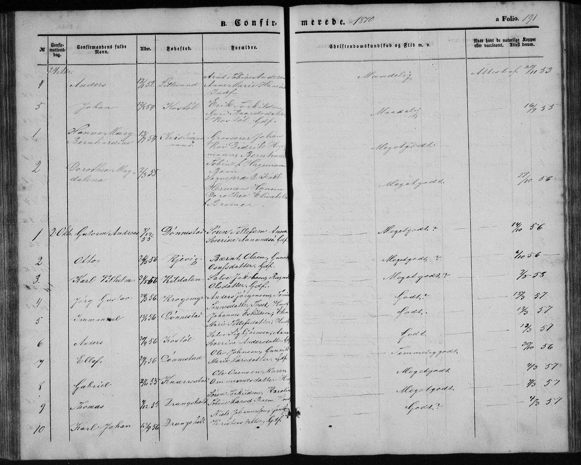 Tveit sokneprestkontor, AV/SAK-1111-0043/F/Fb/L0003: Parish register (copy) no. B 3, 1854-1886, p. 191