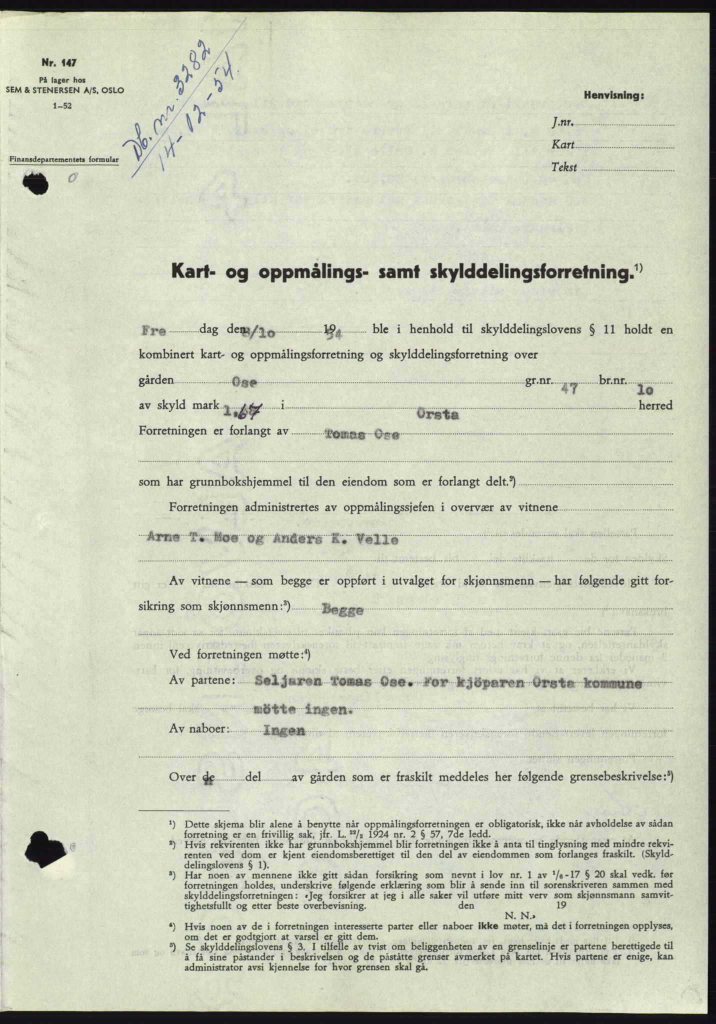 Søre Sunnmøre sorenskriveri, AV/SAT-A-4122/1/2/2C/L0099: Mortgage book no. 25A, 1954-1954, Diary no: : 3282/1954