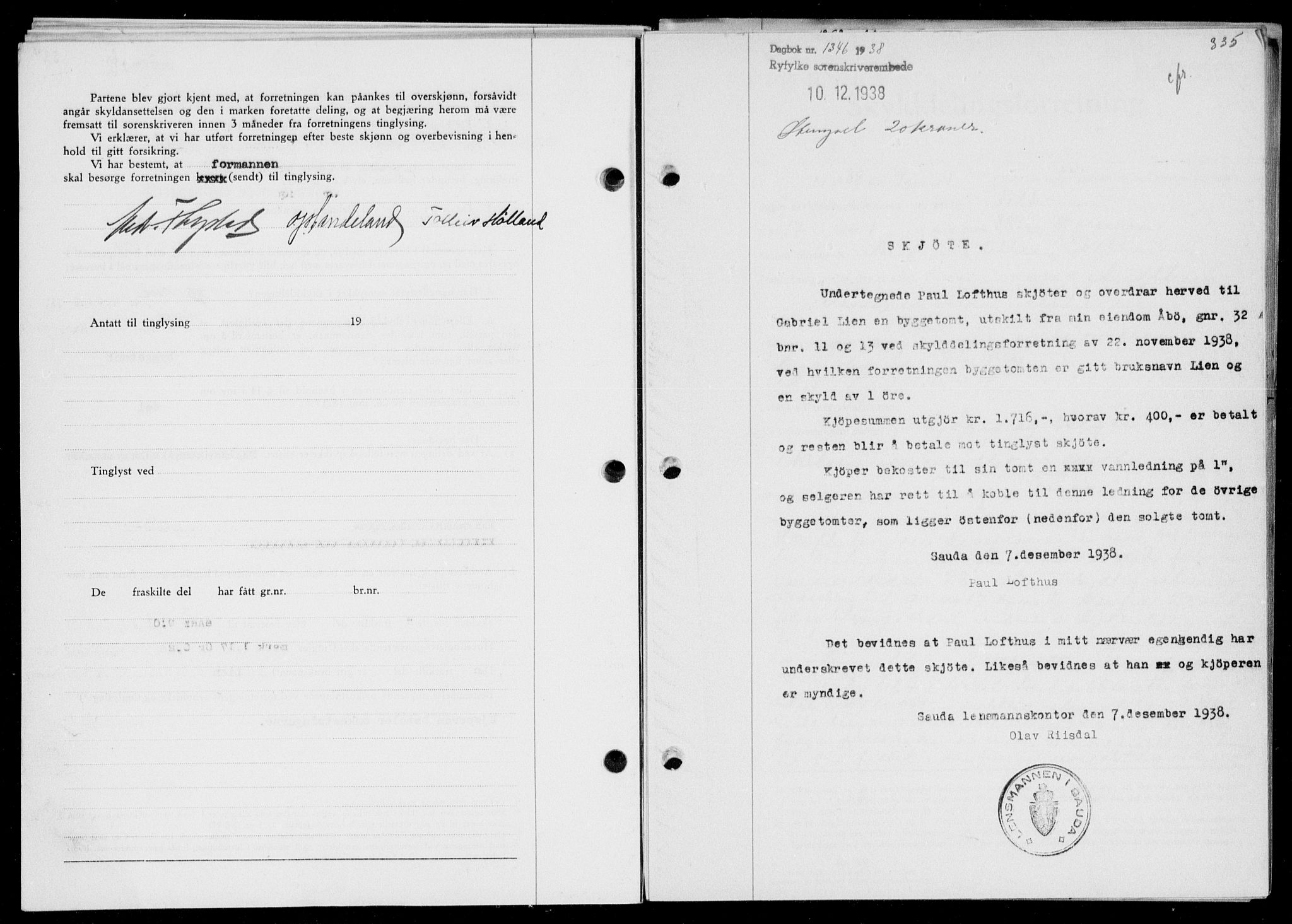 Ryfylke tingrett, AV/SAST-A-100055/001/II/IIB/L0078: Mortgage book no. 57, 1938-1938, Diary no: : 1346/1938