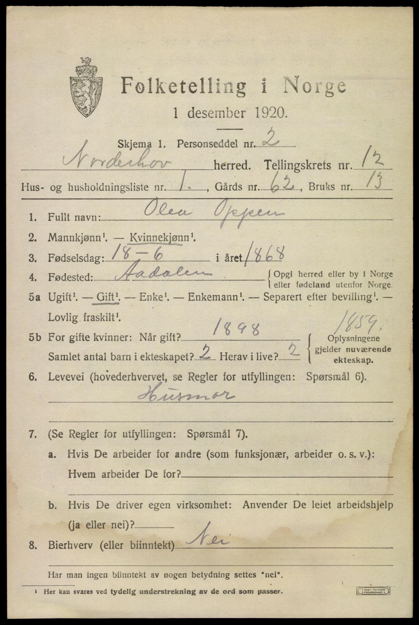 SAKO, 1920 census for Norderhov, 1920, p. 13652