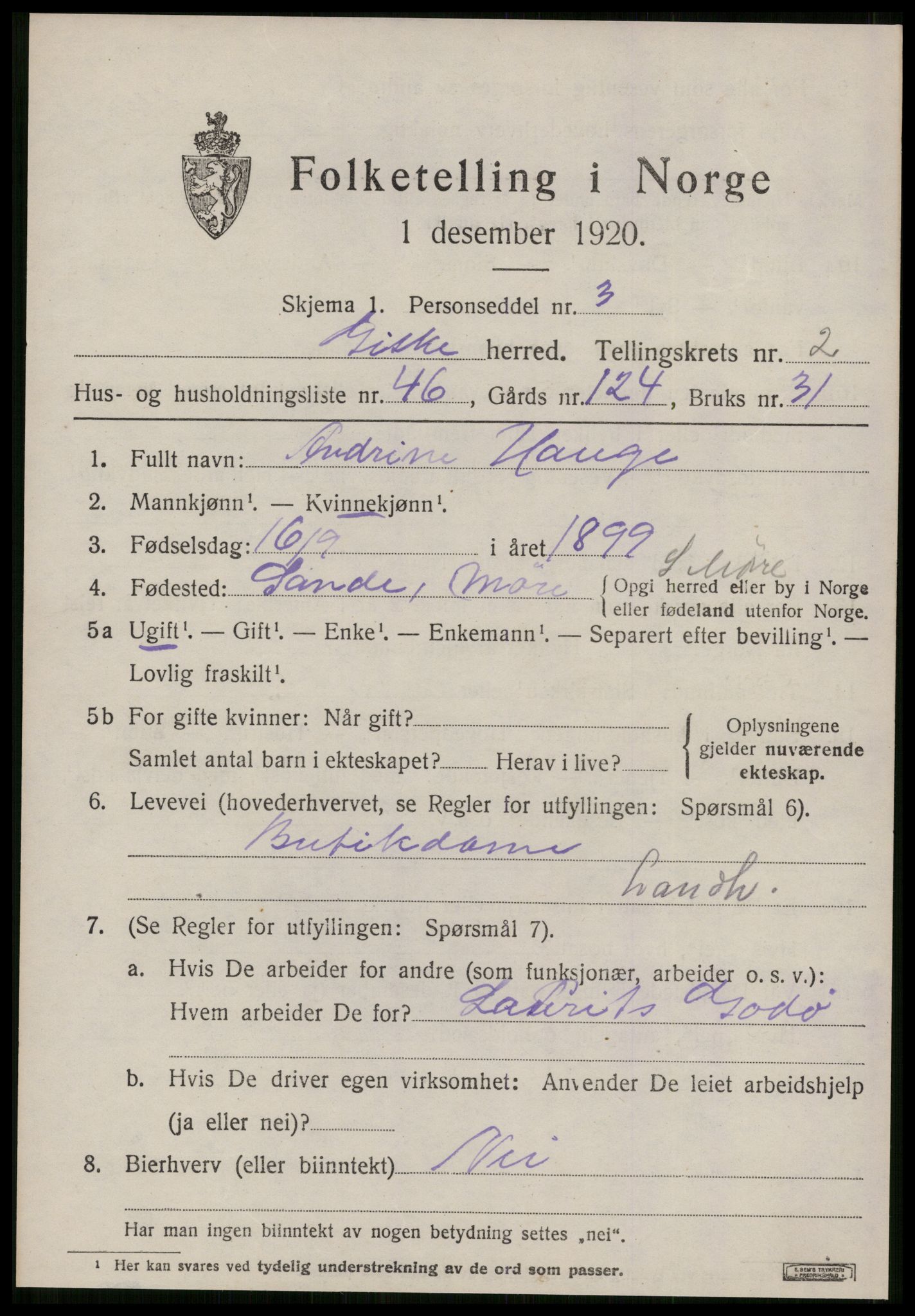 SAT, 1920 census for Giske, 1920, p. 1634