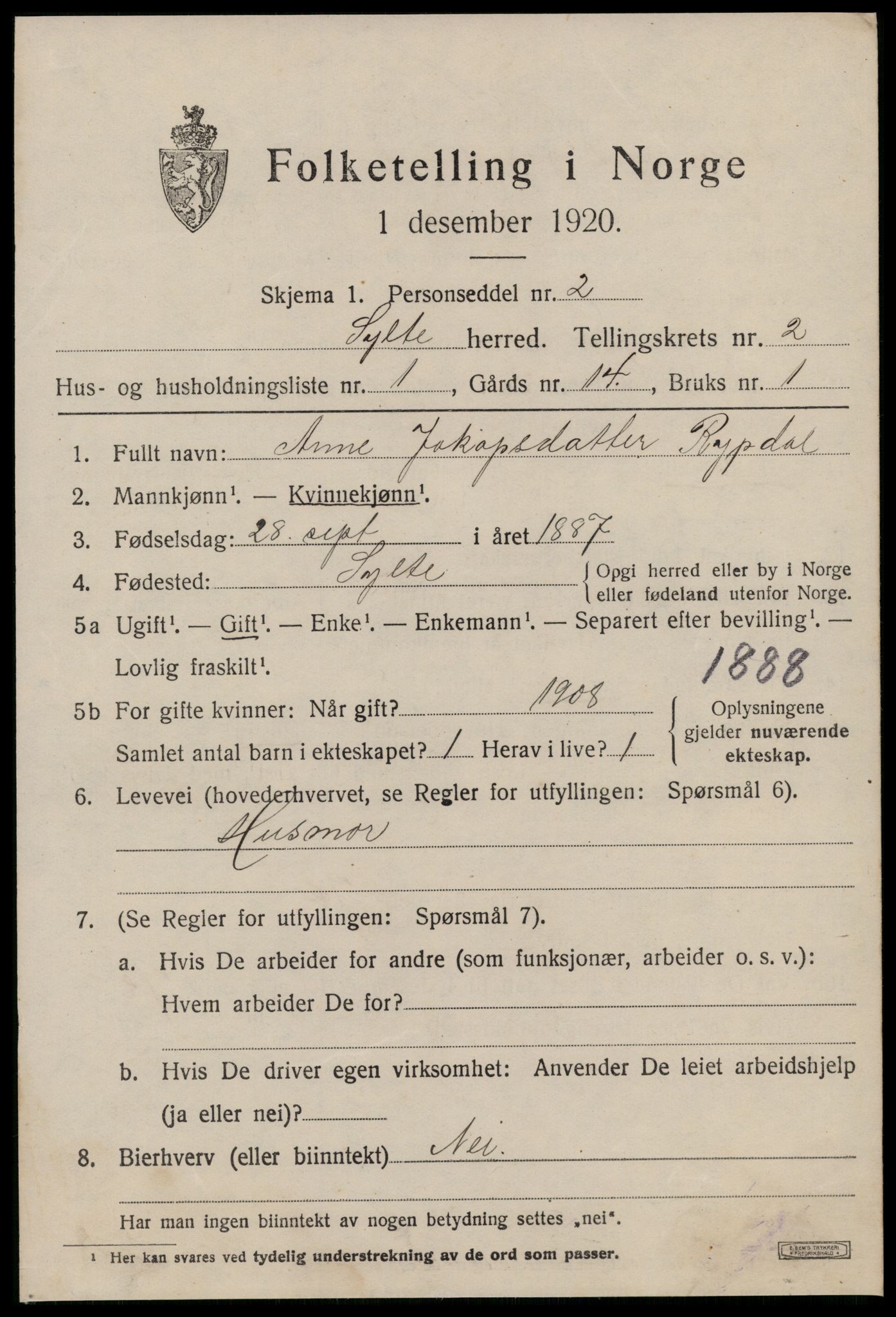 SAT, 1920 census for Sylte, 1920, p. 1183