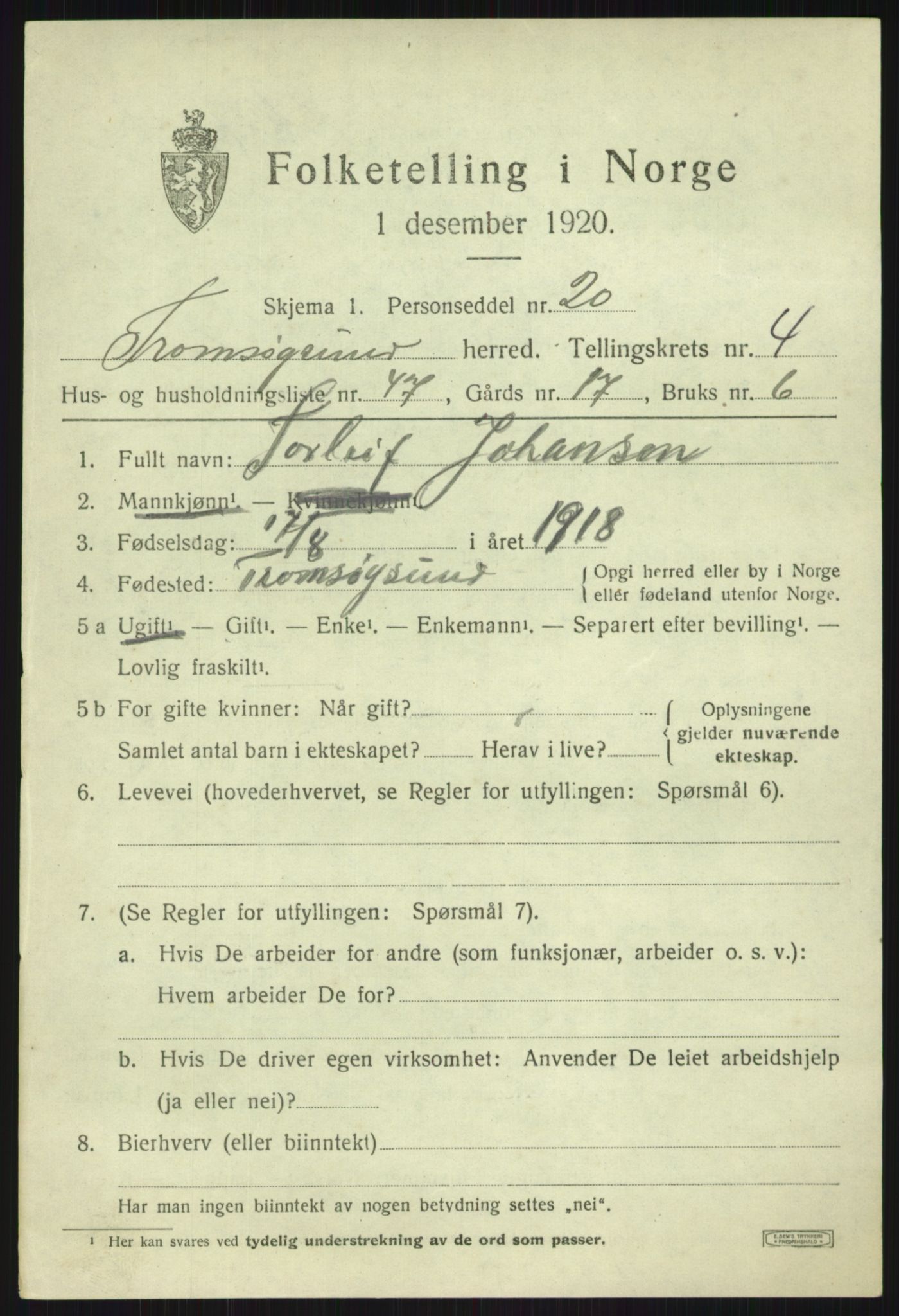 SATØ, 1920 census for Tromsøysund, 1920, p. 3842