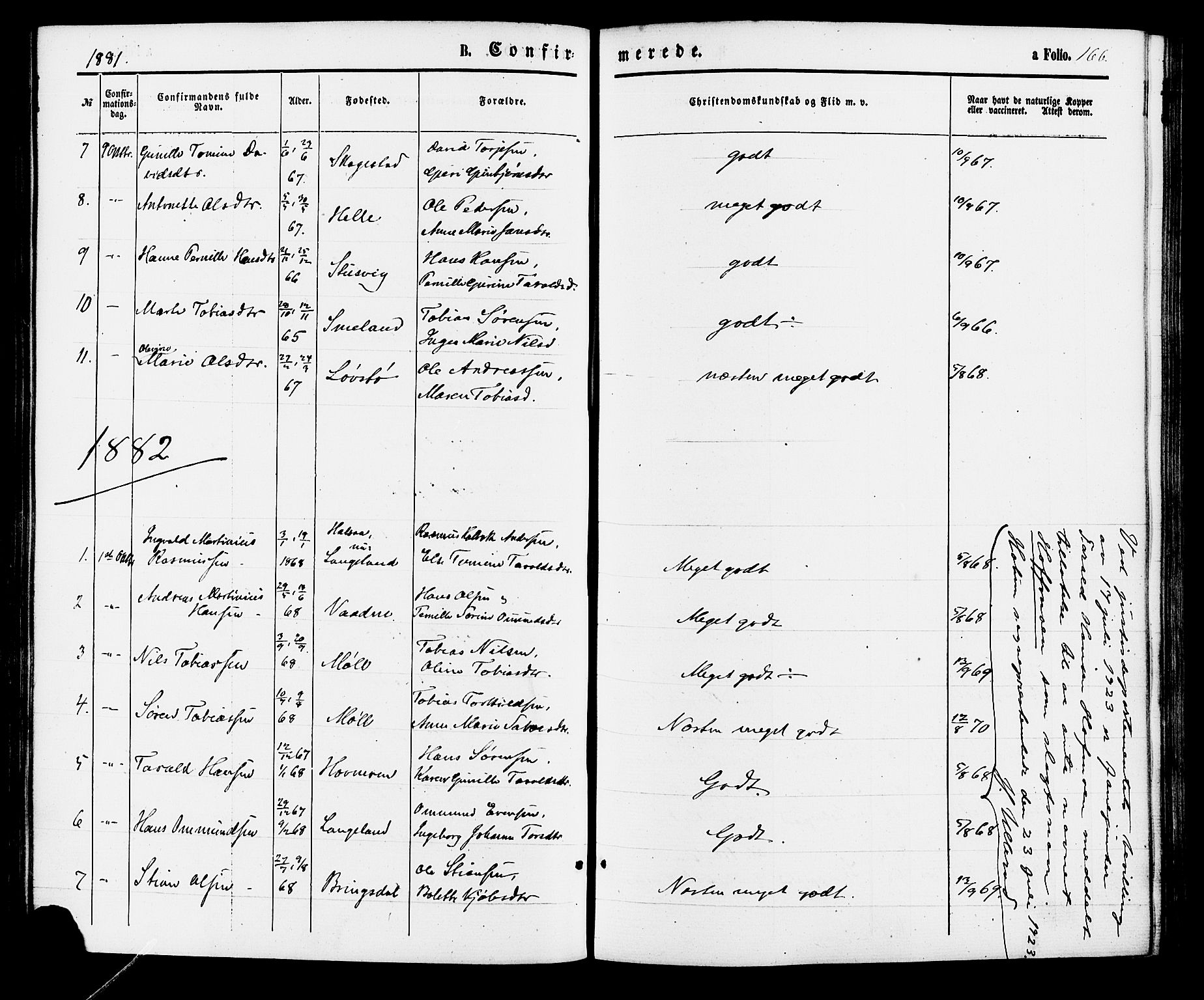 Holum sokneprestkontor, AV/SAK-1111-0022/F/Fa/Faa/L0006: Parish register (official) no. A 6, 1865-1883, p. 166